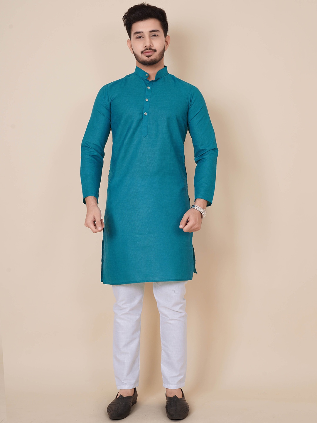

ALMORA Men Band Collar Pure Cotton Straight Kurta, Blue