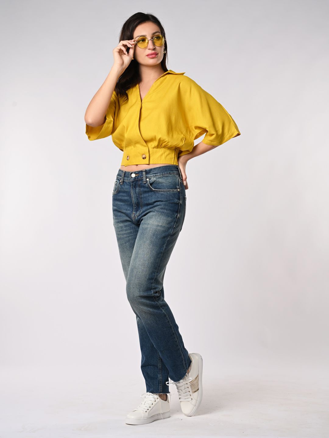 

IZEL Women Shirt Collar Solid Top, Yellow