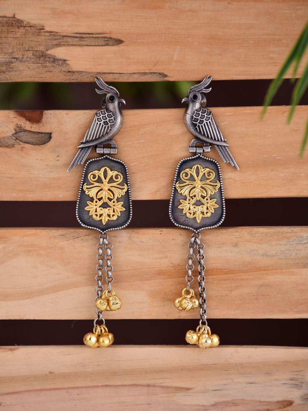 

Anvik Ghungroo Drops Beaded Bird Shaped Drop Earrings, Silver