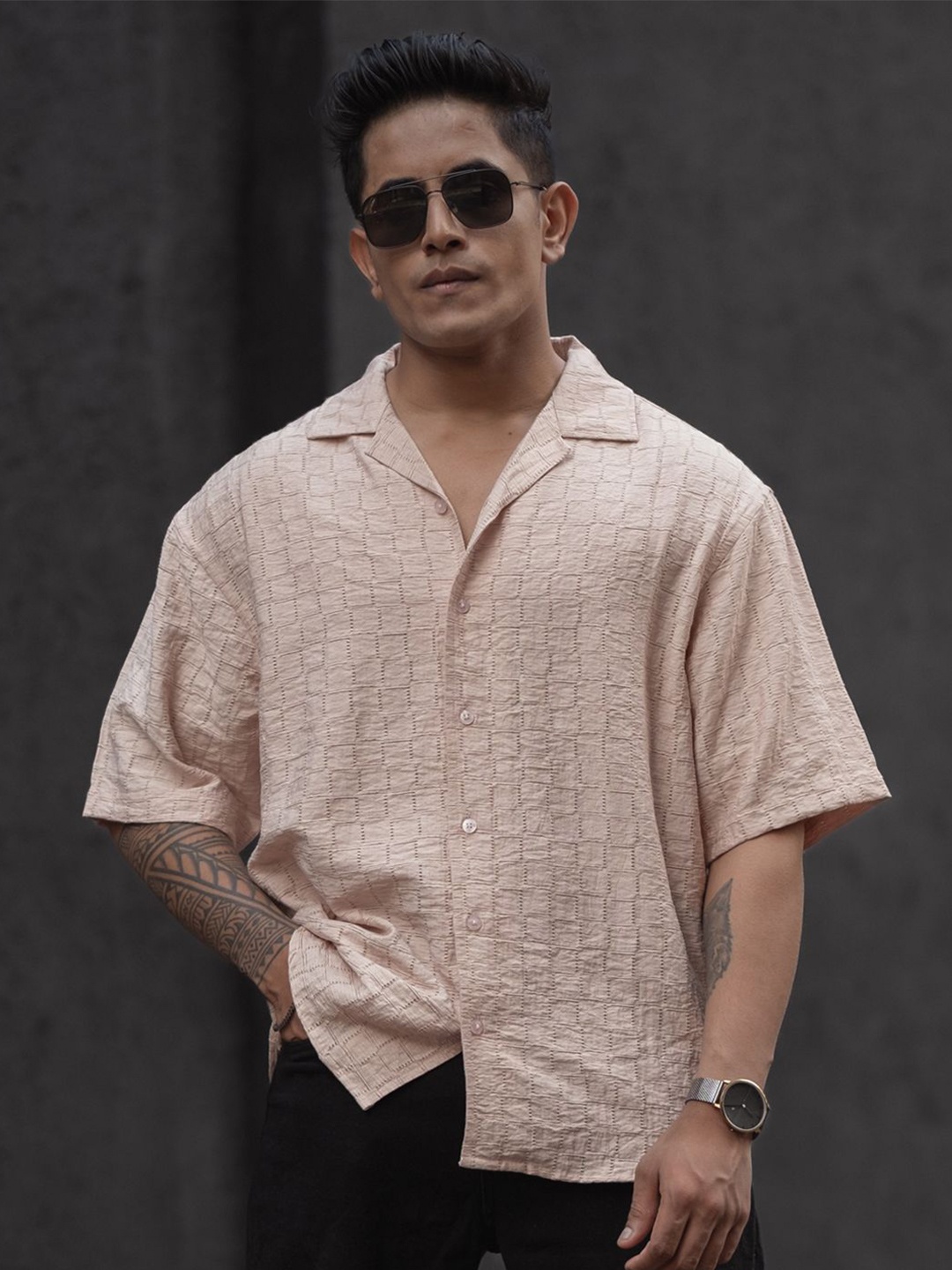 

Powerlook Men Relaxed Fit Spread Collar Textured Cotton Casual Shirt, Peach