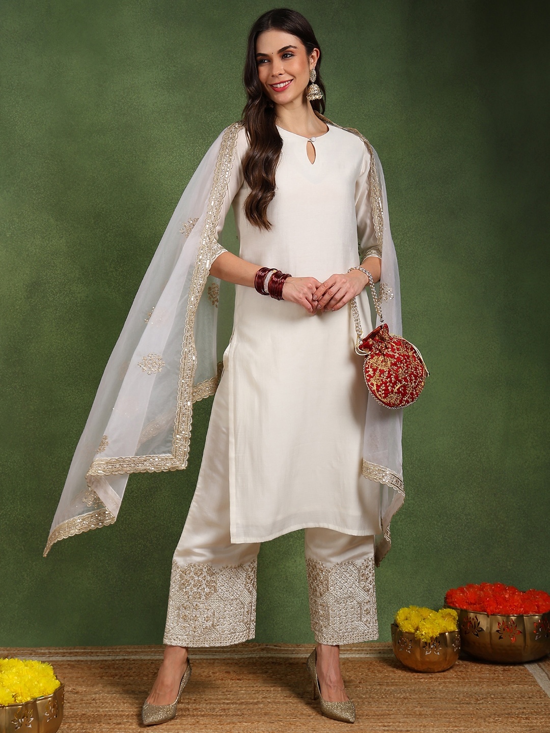 

KALINI Embroidered Keyhole Neck Straight Kurta With Palazzos And Dupatta, White