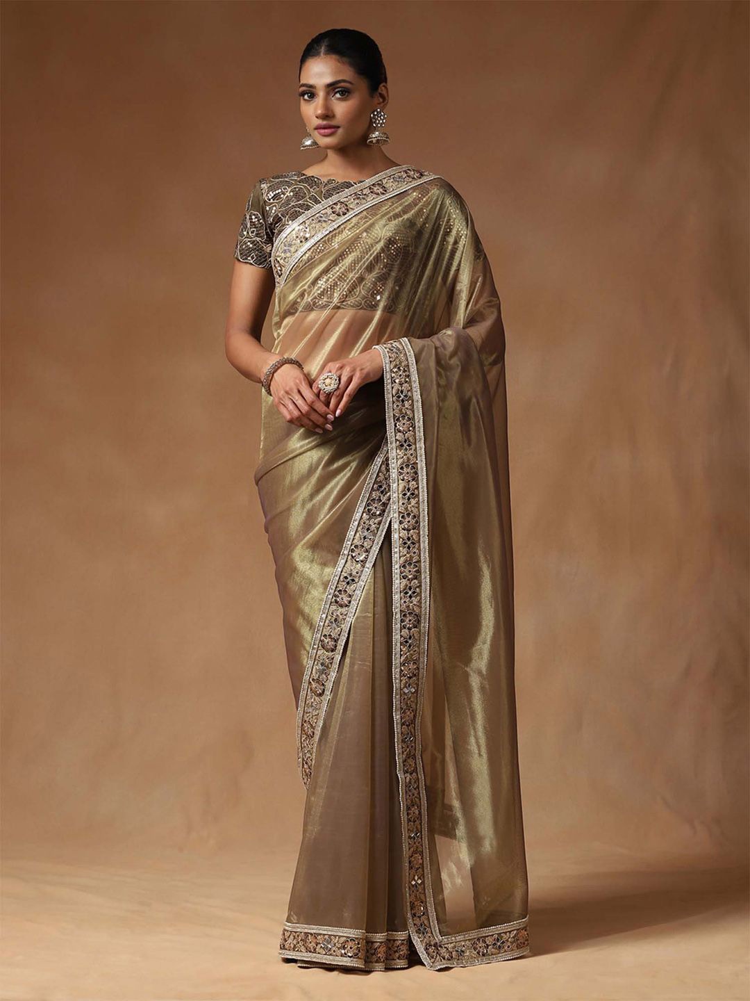 

Saree mall Embellished Mirror Work Net Saree, Gold