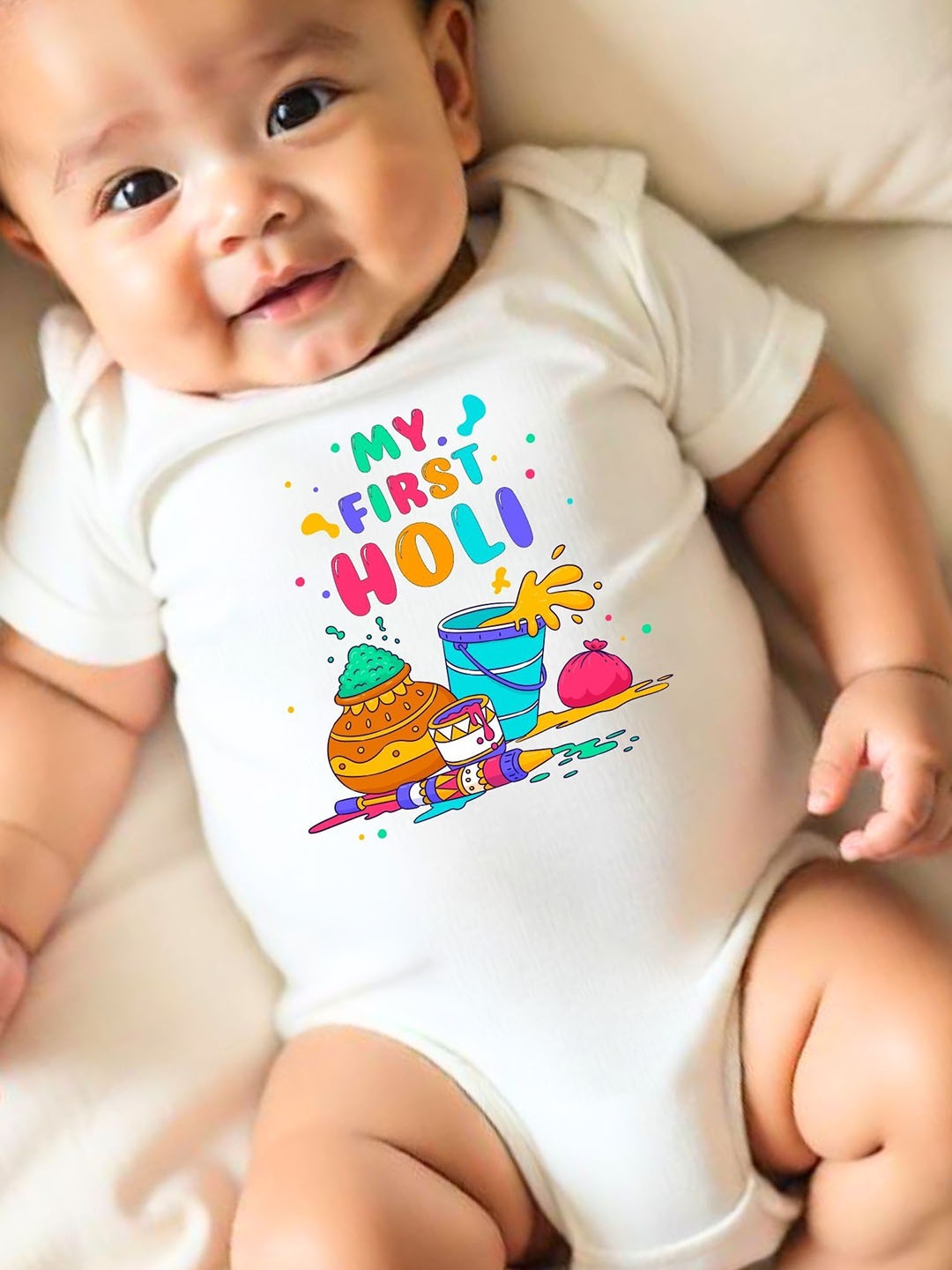 

KNITROOT Infants Kids My First Holi Printed Bodysuit, White