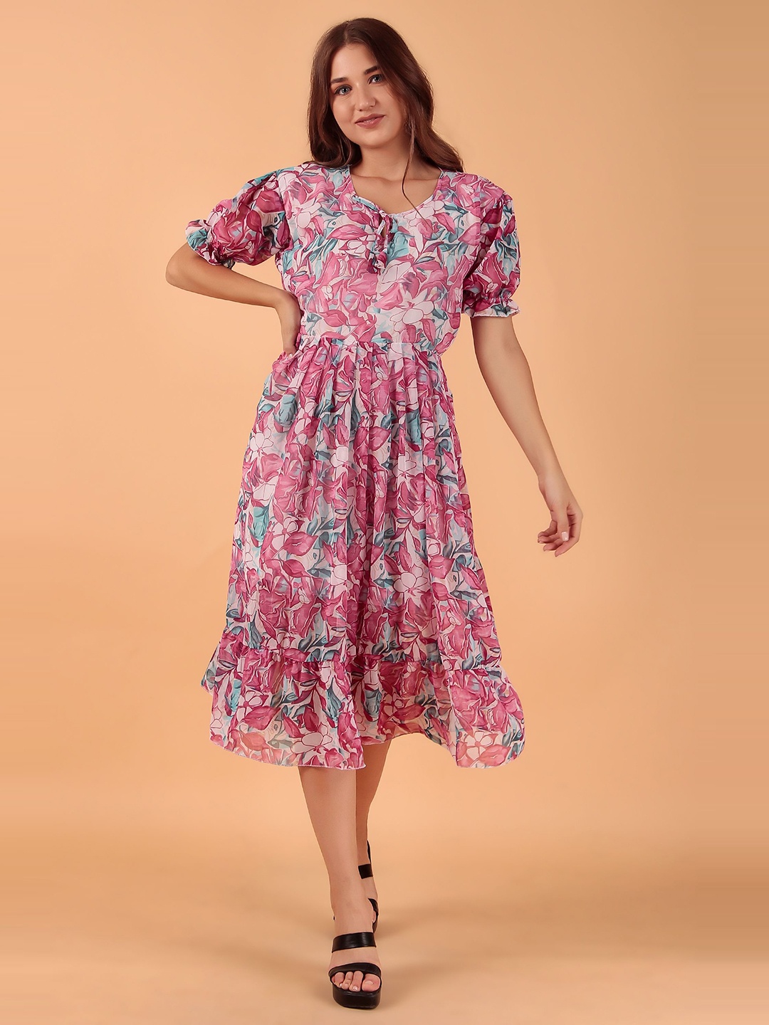 

KASHIAN Floral Print Tie-Up Neck Puff Sleeve Georgette Maxi Midi Dress, Pink