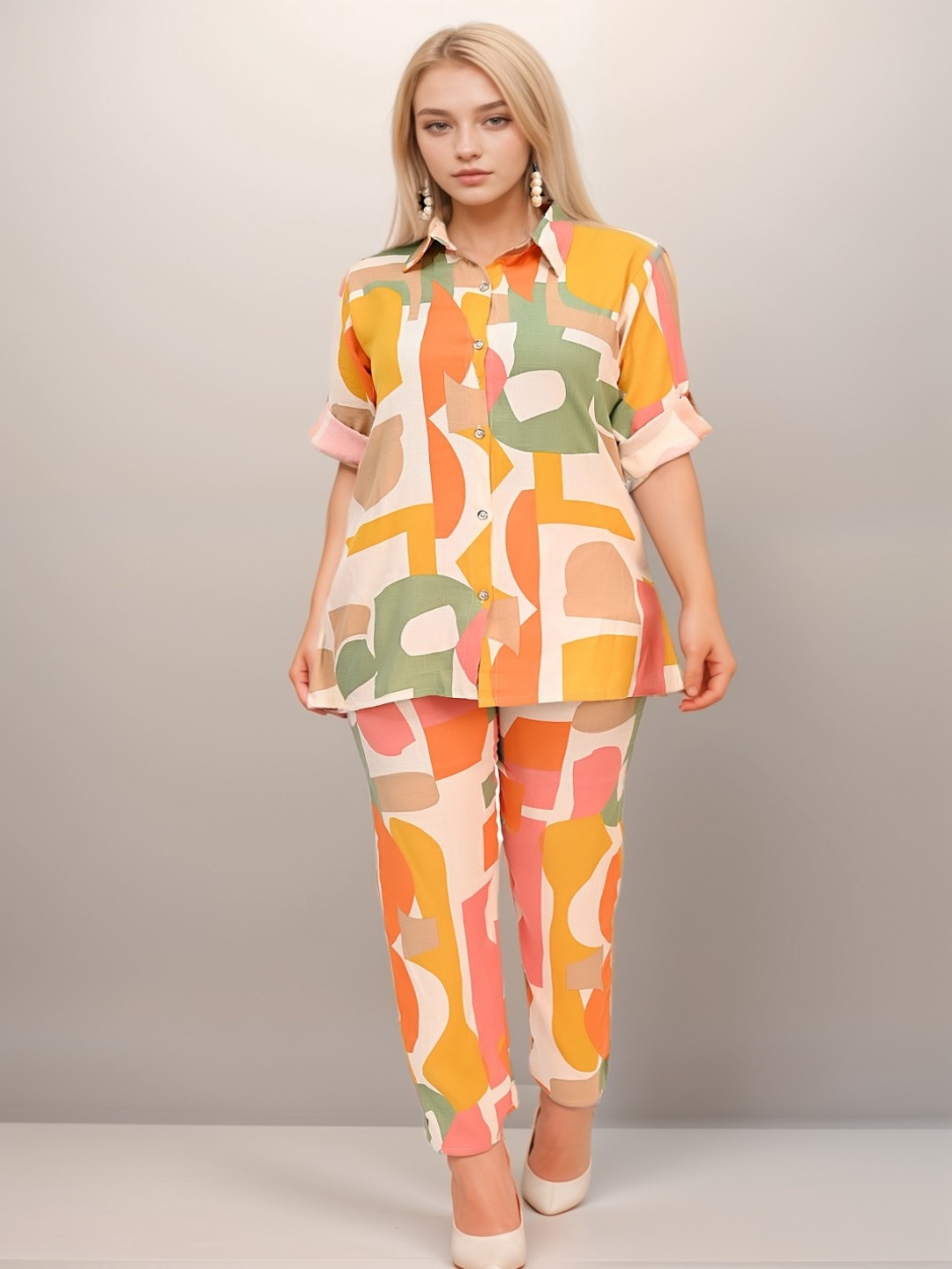 

BAESD Abstract Printed Shirt Collar Shirt & Trousers, Orange