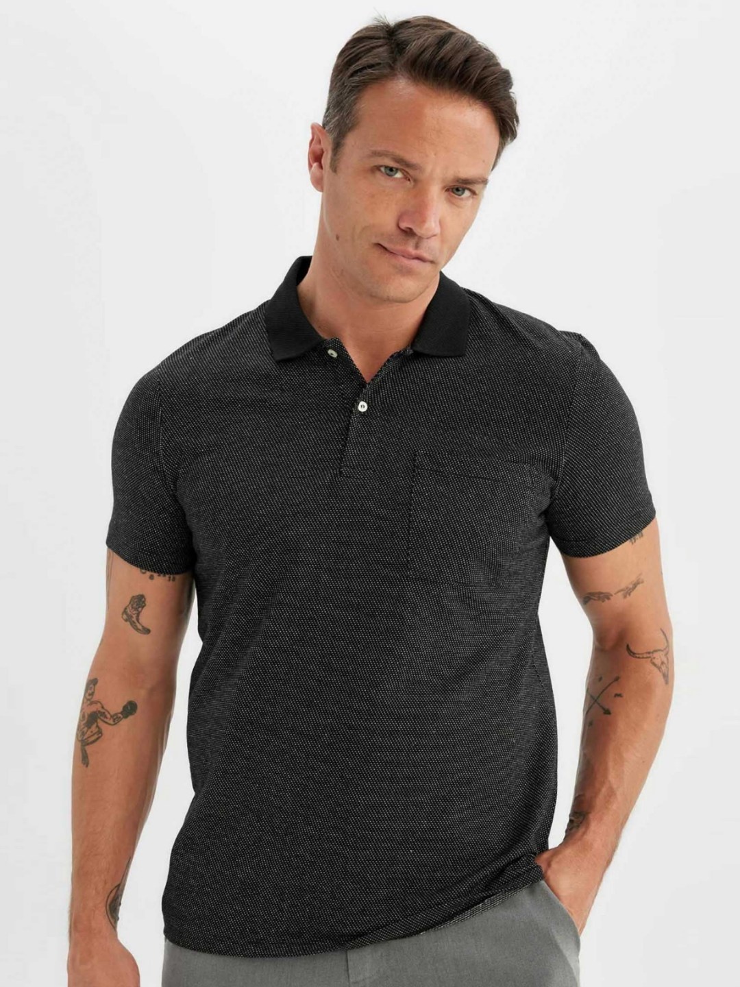 

DeFacto Men Self Design Polo Collar T-shirt, Grey