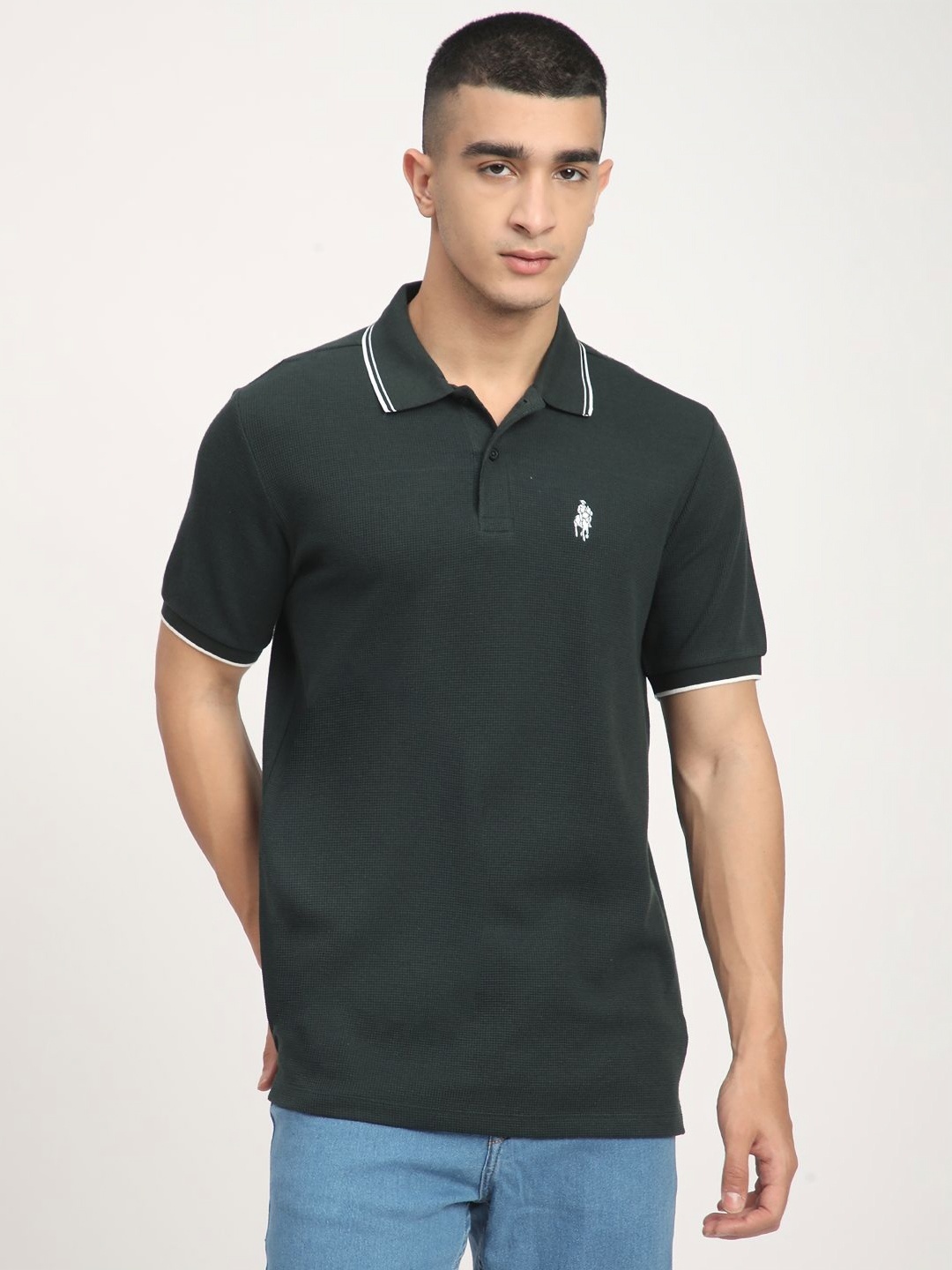 

R&B Men Self Design Polo Collar Cotton T-shirt, Olive