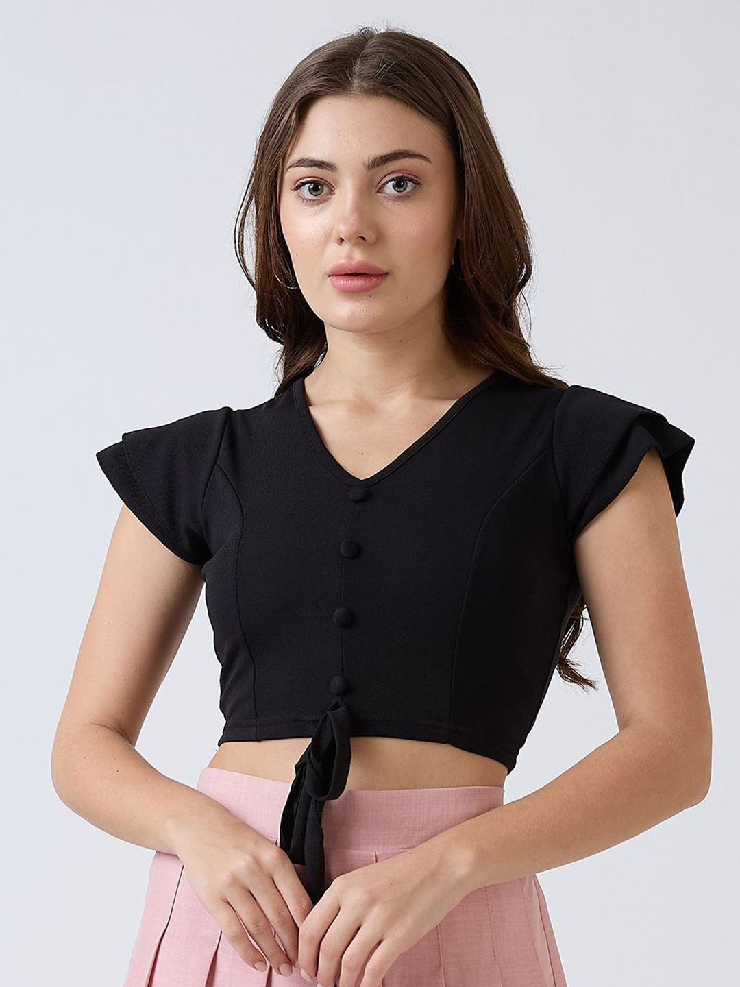

SZN Women Flutter Sleeve Crop Top, Black
