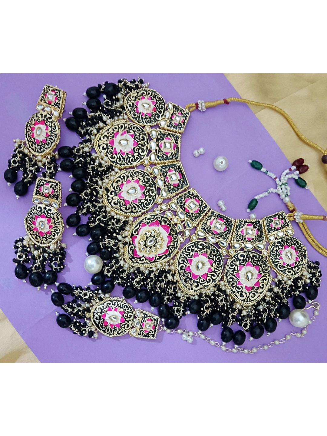 

EVY Artificial Stones Studded & Beaded Meenakari Necklace With Earrrings & Maang Tika, Blue