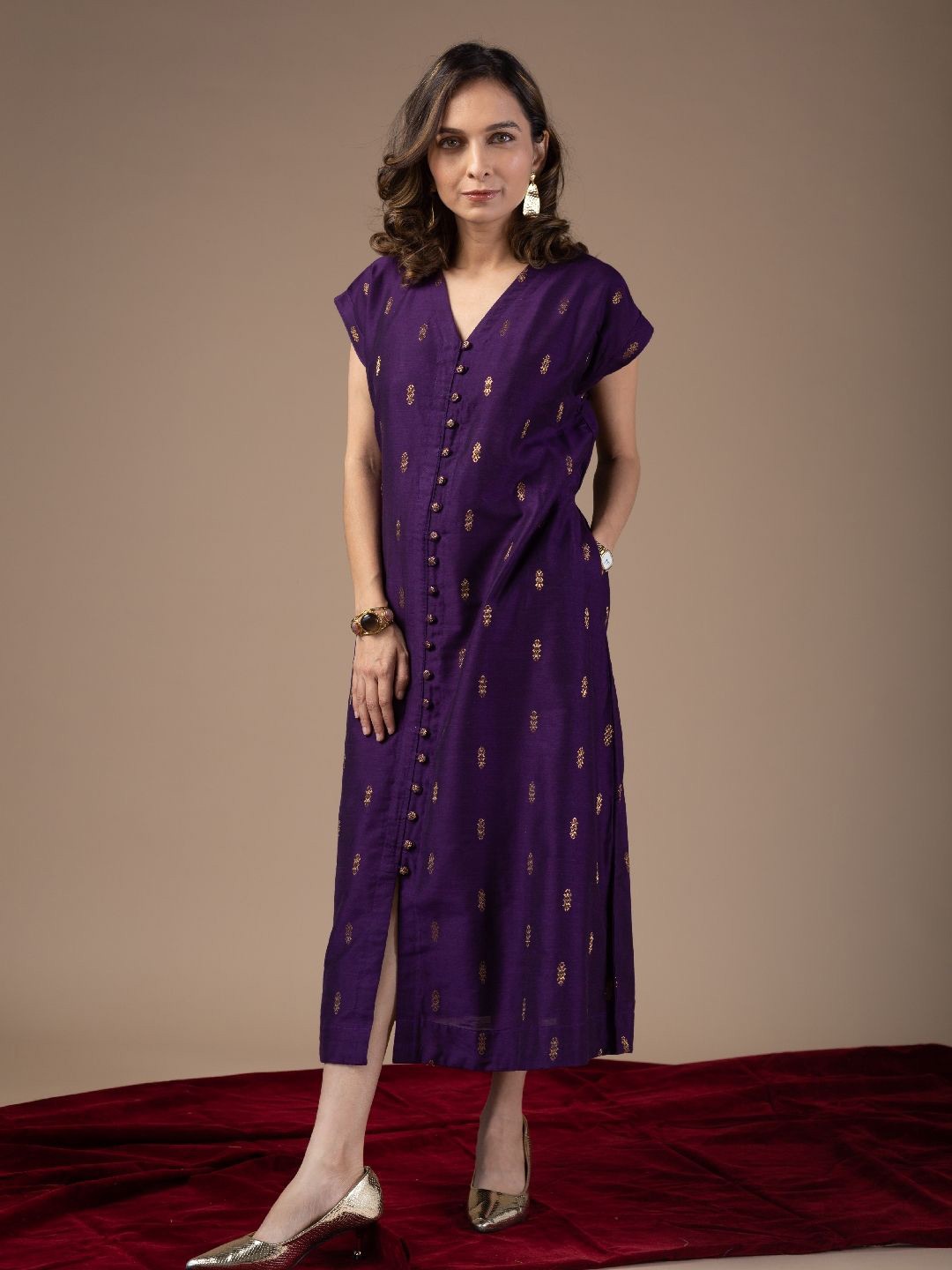 

KUSVAA Women Yuhani Cotton Silk A-Line Dress, Purple