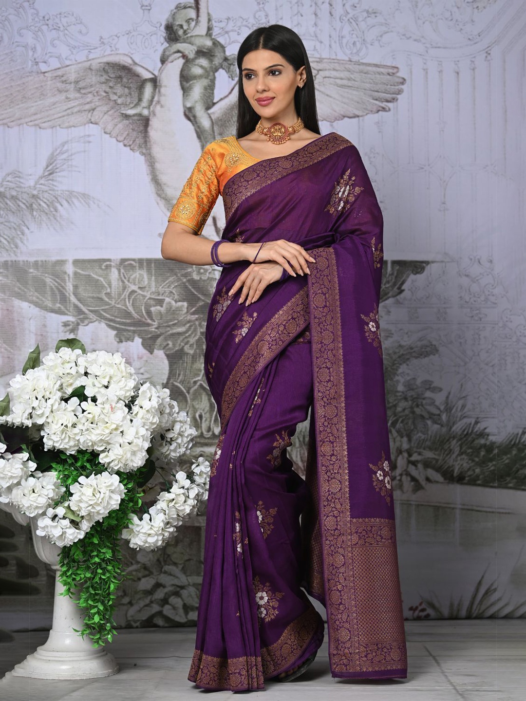 

NITARAA Woven Design Zari Silk Blend Banarasi Saree, Violet