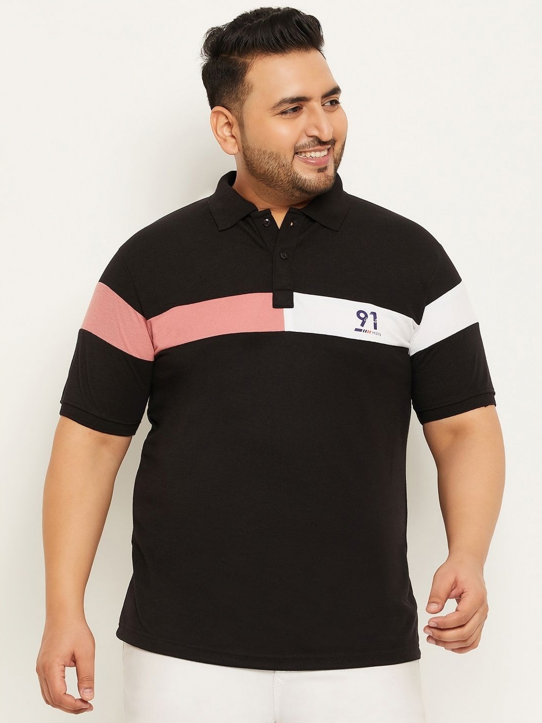 

MXN Men Plus Size Colourblocked Polo Collar Cotton T-shirt, Black