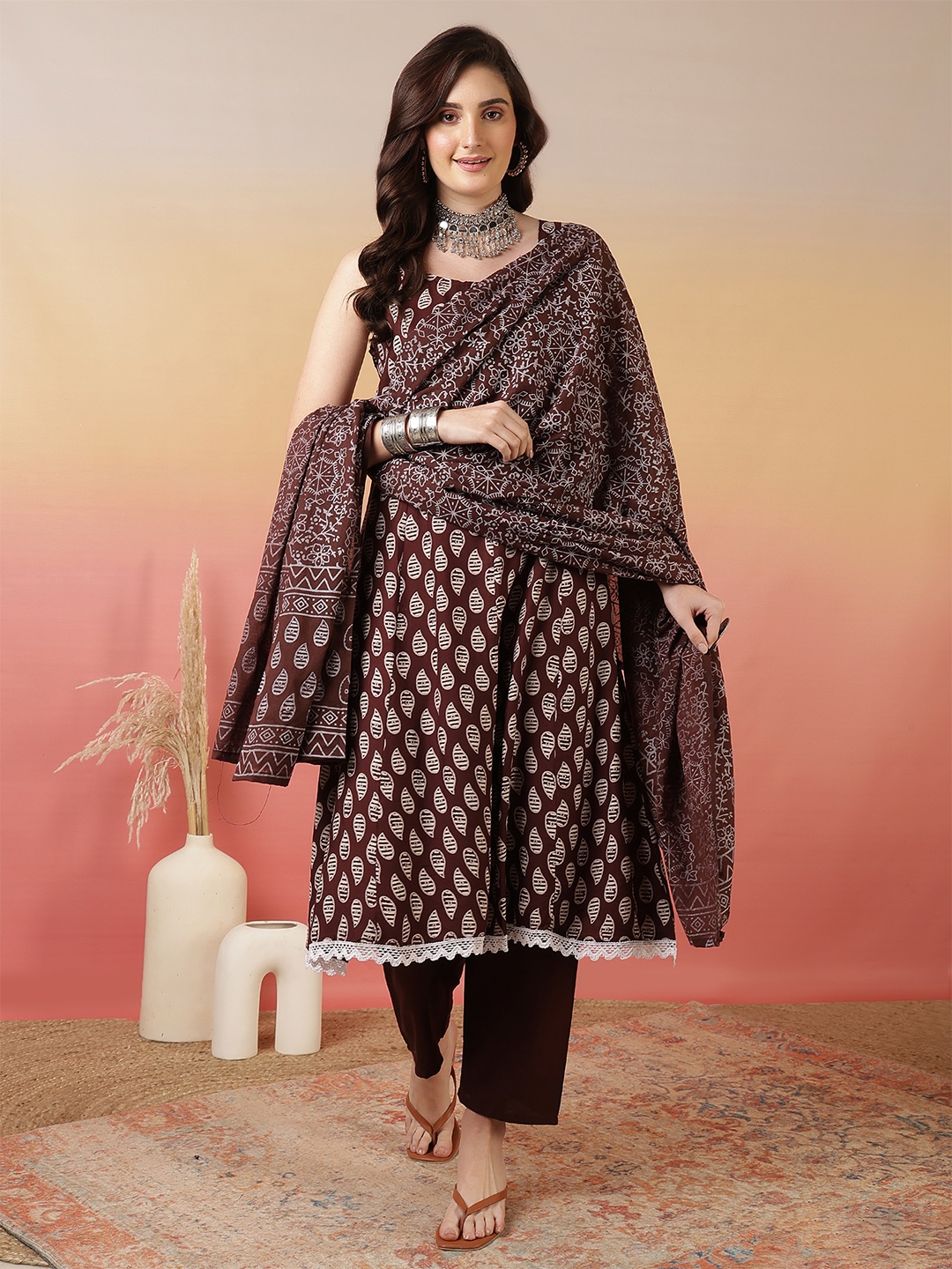 

Sangria Printed Anarkali Kurta With Trouser & Dupatta, Brown