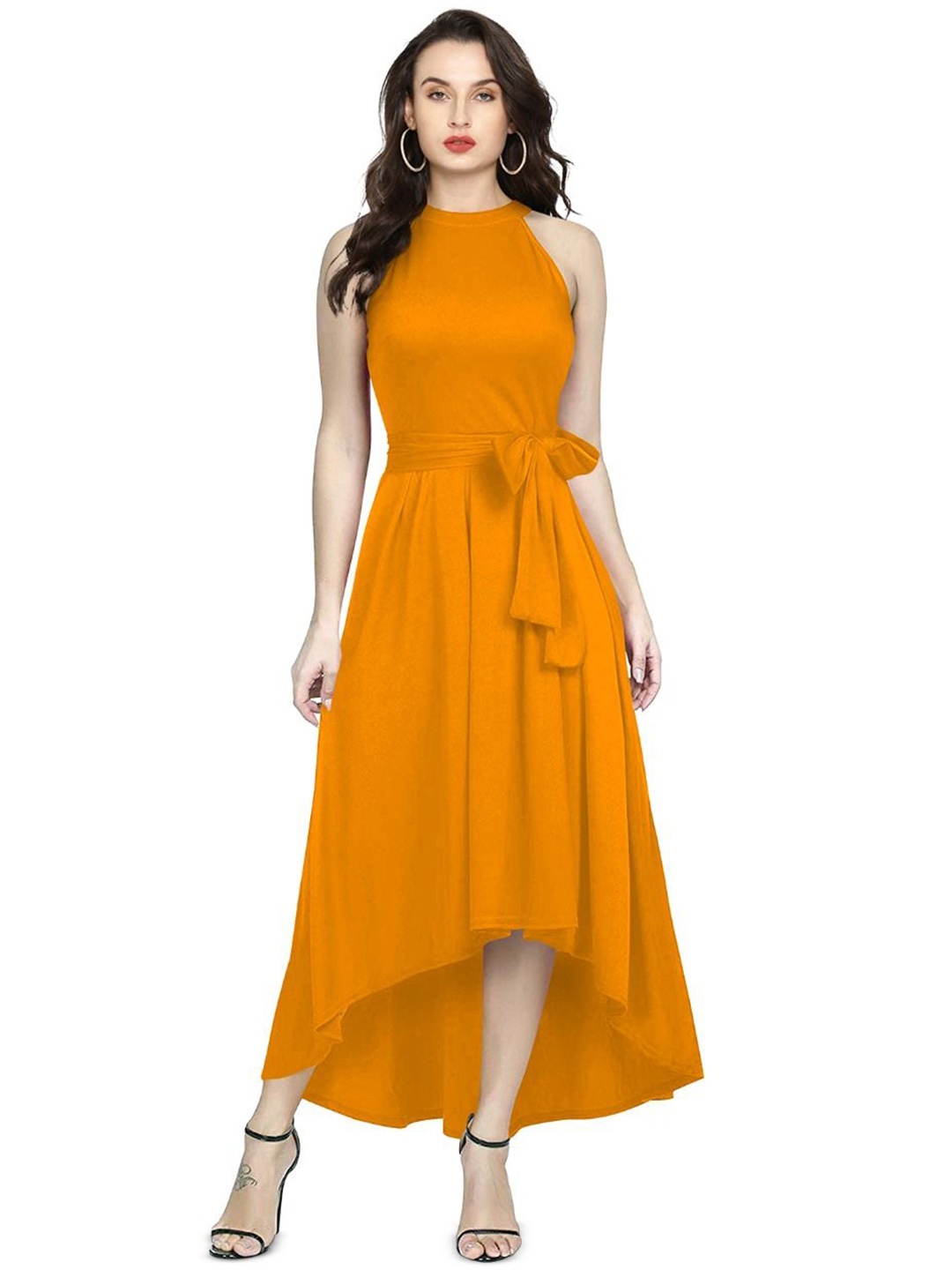 

S.K.C Women Round Neck Sleeveless Fit & Flare Solid Midi Dress, Yellow