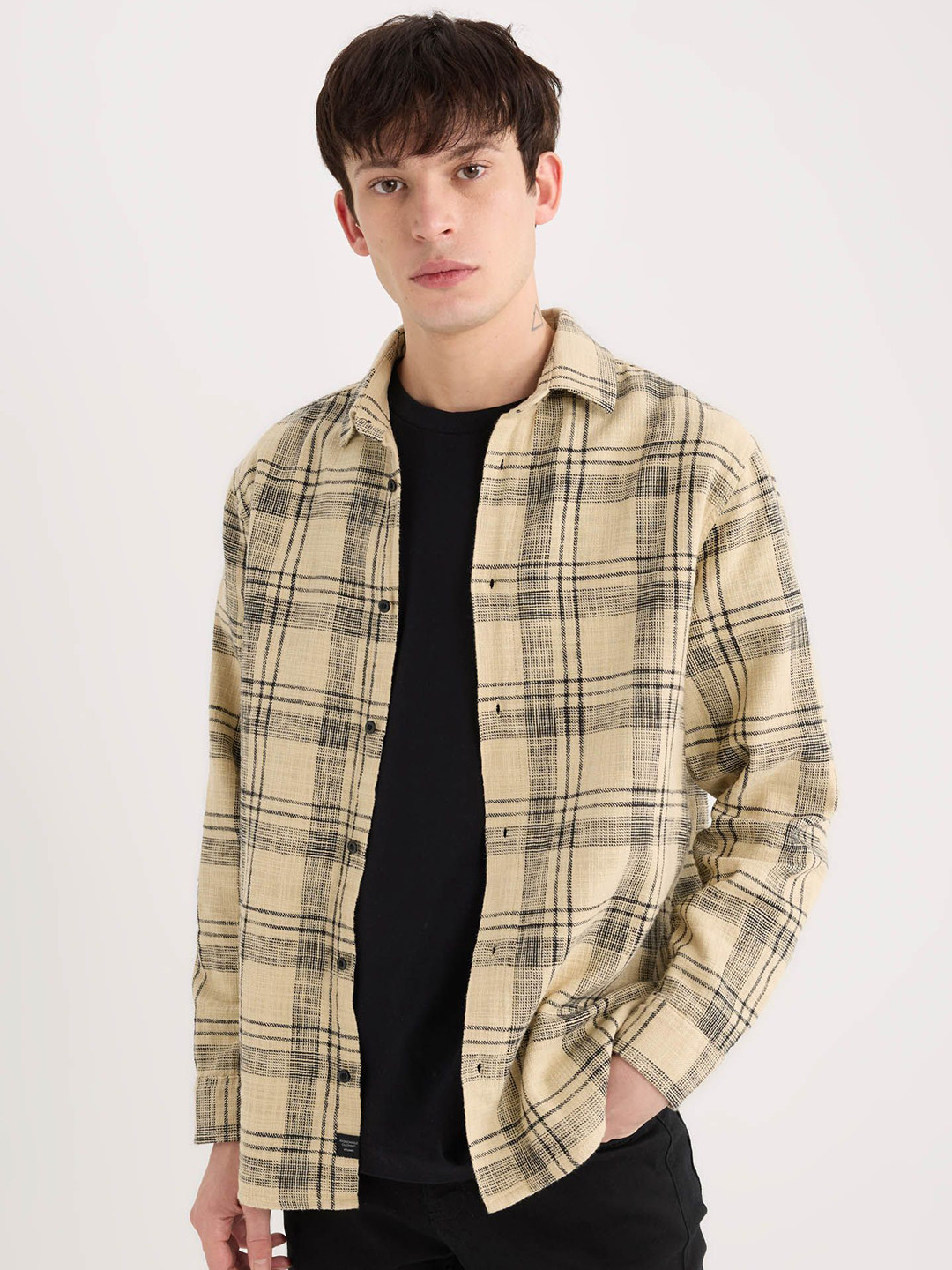 

DeFacto Men Spread Collar Tartan Checked Cotton Casual Shirt, Beige