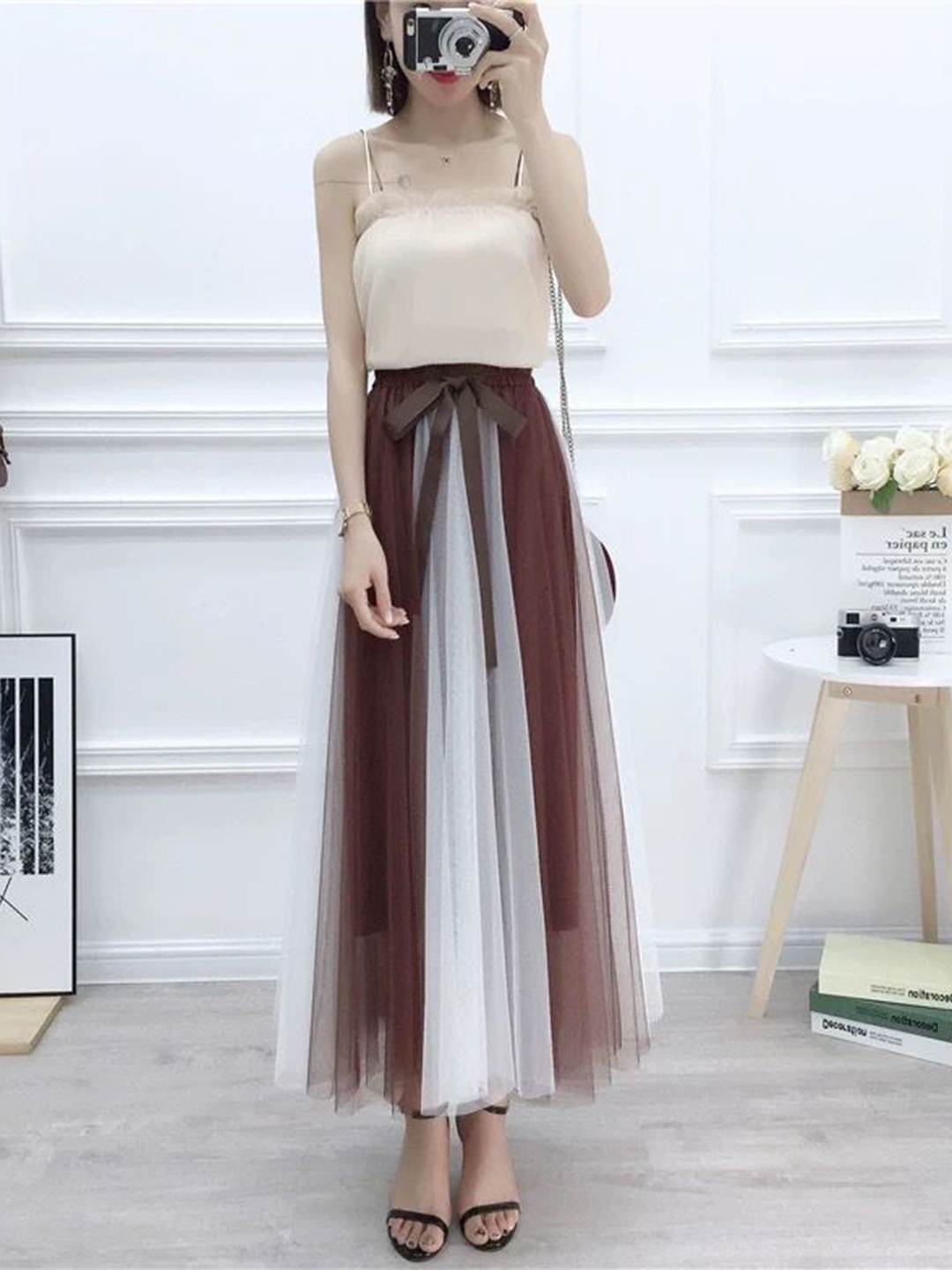 

MADE FOR HER LABEL Marila Double Colour Half and Half Mesh Skirt For Women, Black