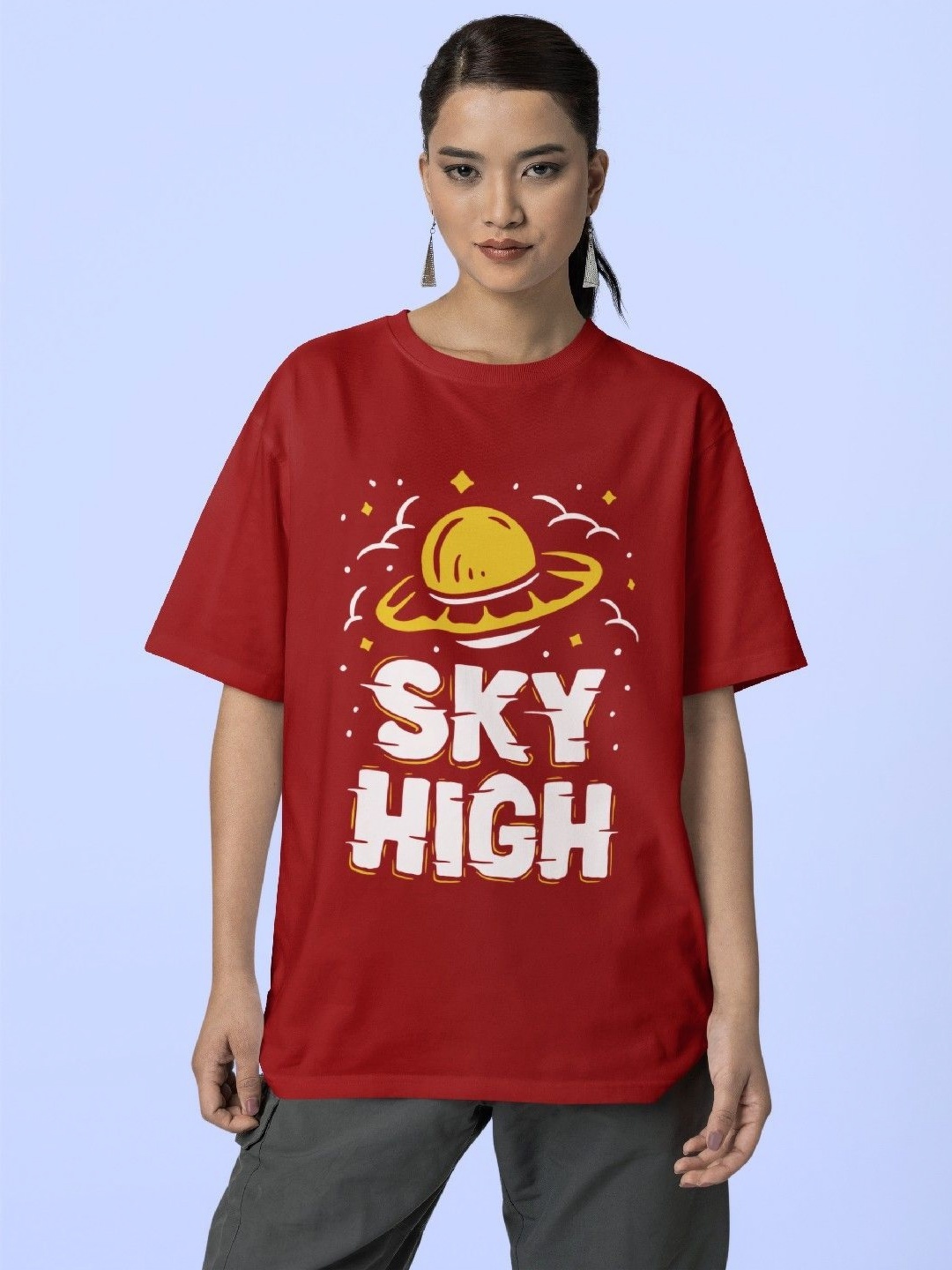 

Reifica Women Typography Printed Round Neck Cotton Oversized T-shirt, Maroon