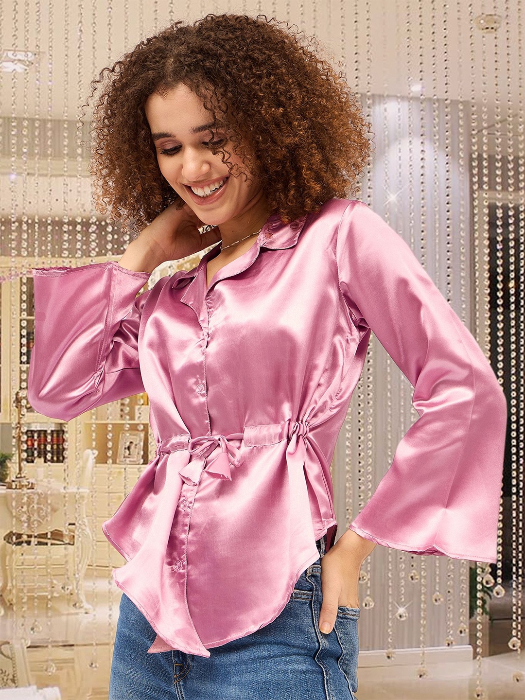 

DressBerry Bell Sleeve Satin Top, Rose gold