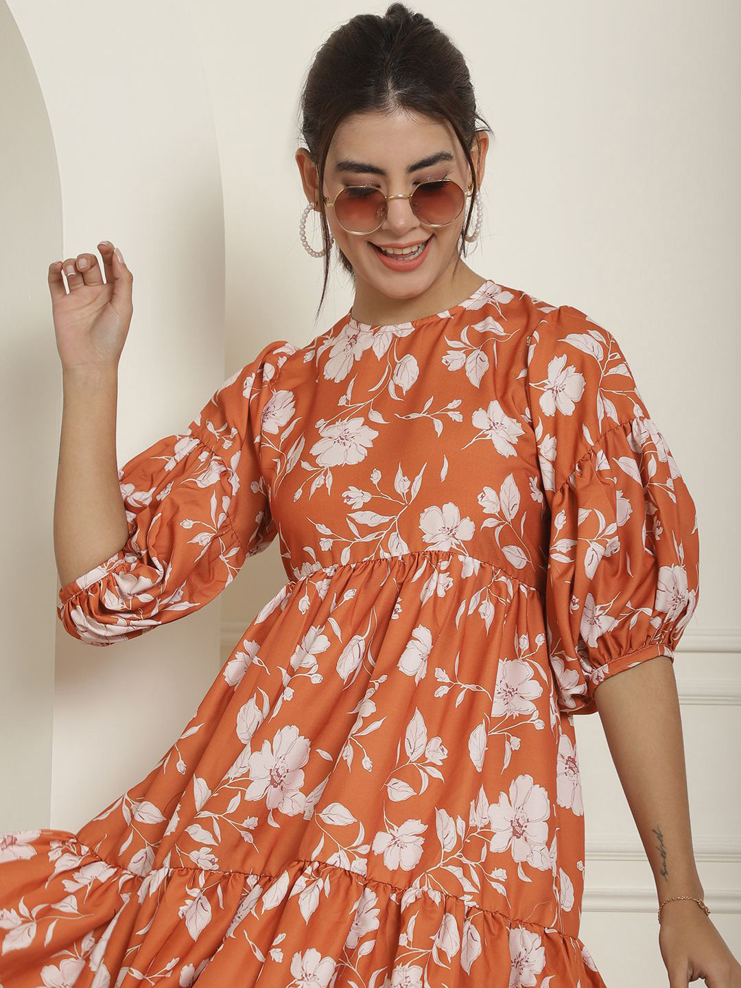 

JAINISH Floral Print Puff Sleeve A-Line Dress, Orange