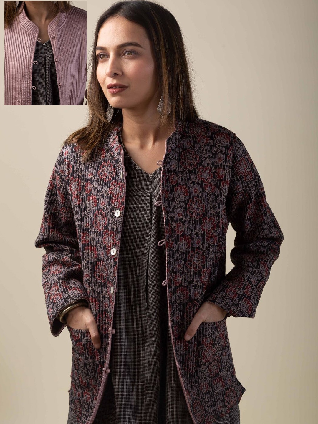 

KUSVAA Women Mandarin Collar Floral Printed Silk Casual Reversible Tailored Jacket, Mauve