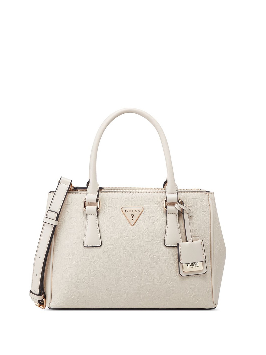 

GUESS Printed PU Bucket Satchel with Cut Work, Beige