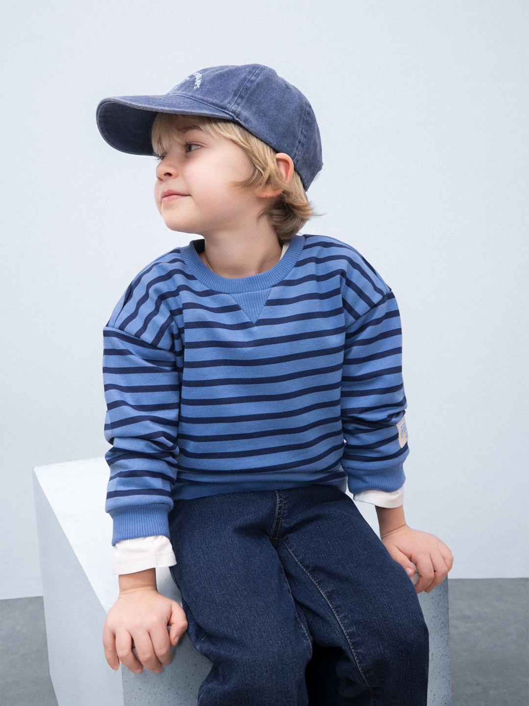 

DeFacto Boys Striped Round Neck Pure Cotton Sweatshirt With Joggers, Blue
