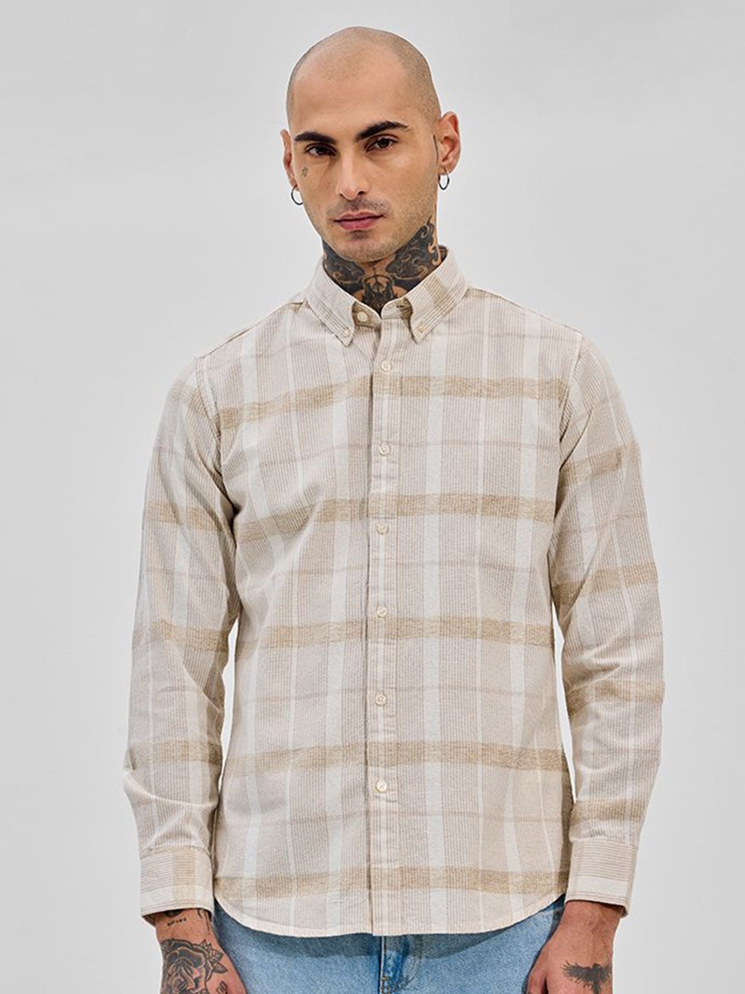 

Snitch Men Slim Fit Button-Down Collar Tartan Checked Casual Shirt, Beige