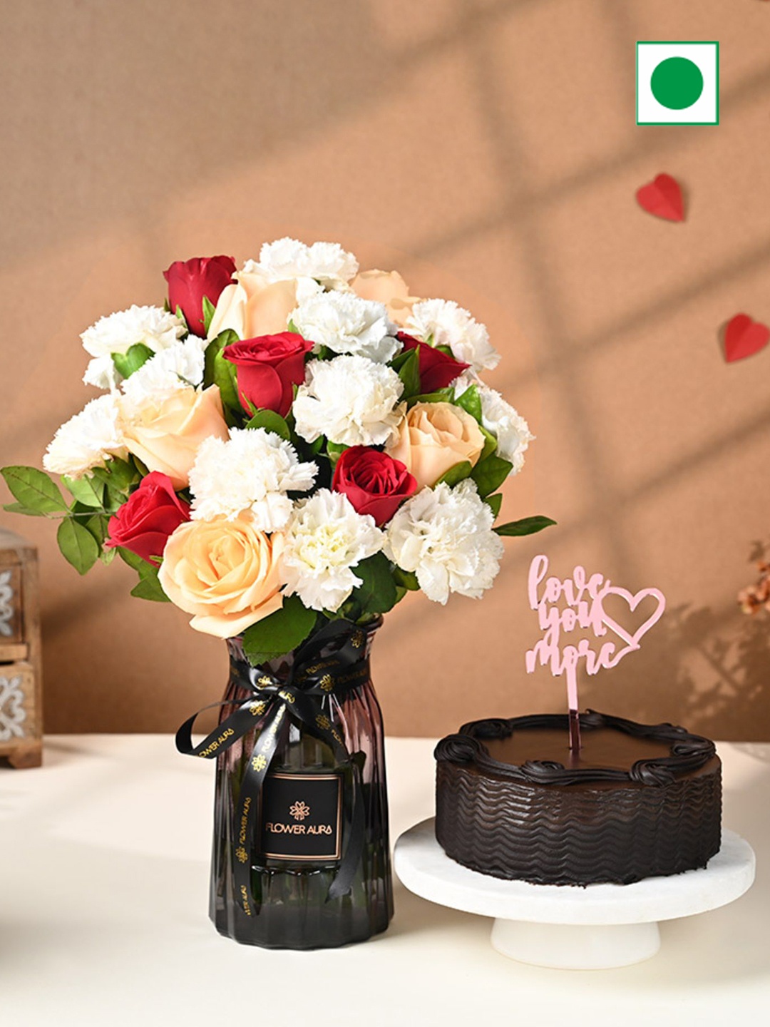 

Floweraura Choco Truffle Flavour Eggless Cake 500g with 20-Pcs Fresh Mix Flowers Bouquet, White