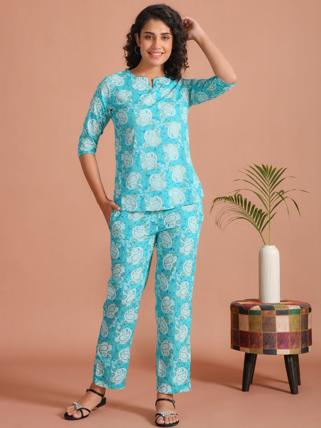 

SANSKRUTIHOMES Printed Pure Cotton Top With Trousers Co-Ords, Turquoise blue