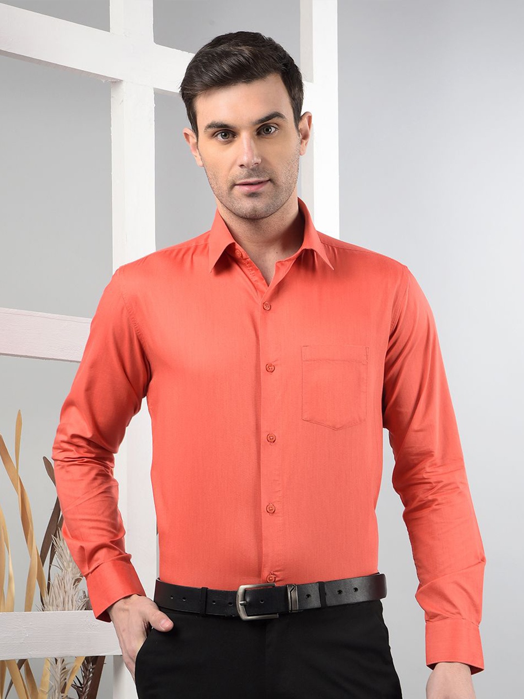 

Canary London Men Smart Slim Fit Opaque Semiformal Shirt, Orange