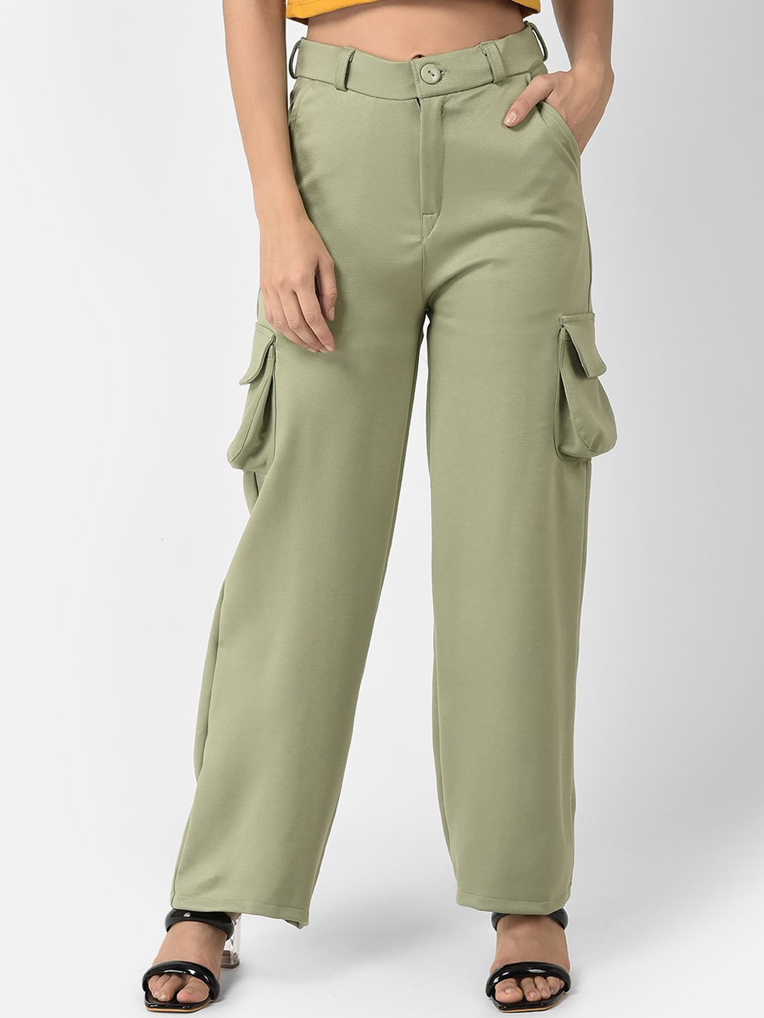

FNOCKS Women Relaxed Loose Fit High-Rise Trousers, Olive