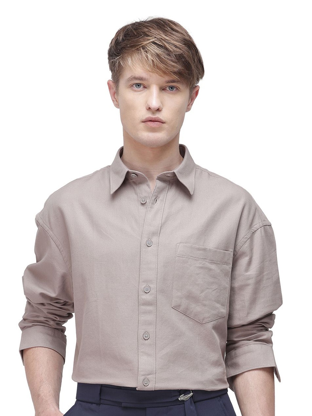 

RARE RABBIT Men Comfort Relaxed Fit Spread Collar Solid Cotton Formal Shirt, Beige