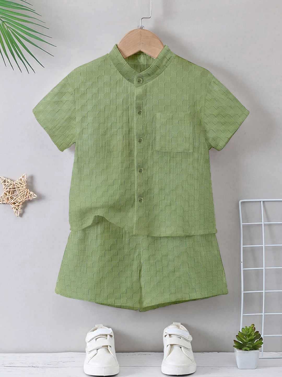 

YK Boys Mandarin Collar Shirt With Shorts Clothing Set, Green