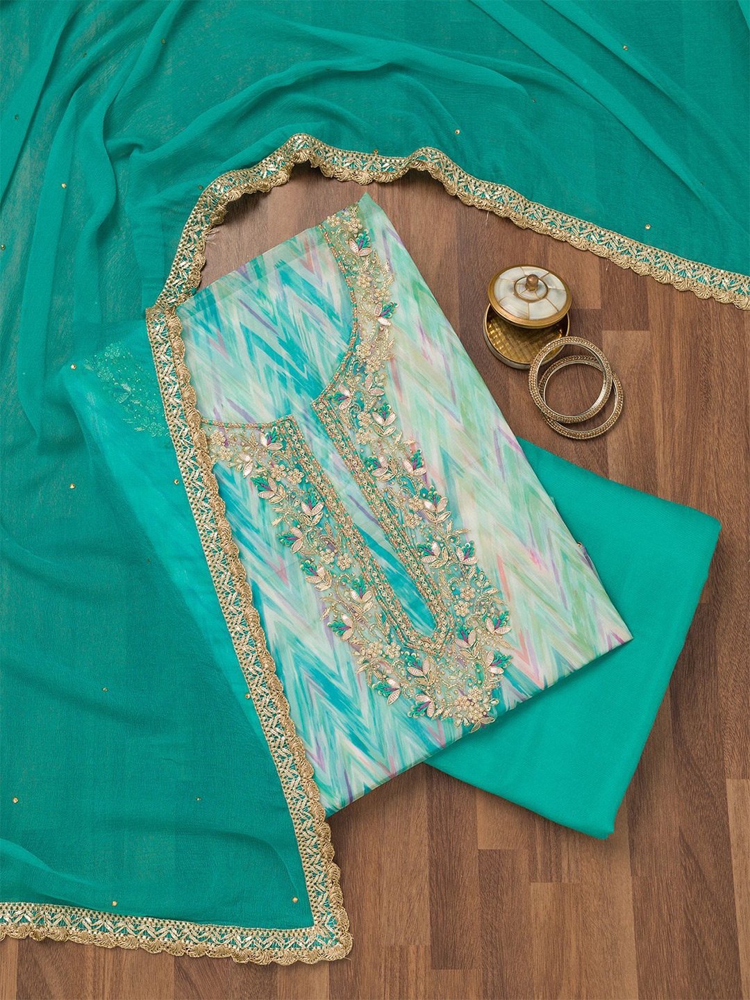 

Koskii Floral Embroidered Stonework Tissue Unstitched Dress Material, Green