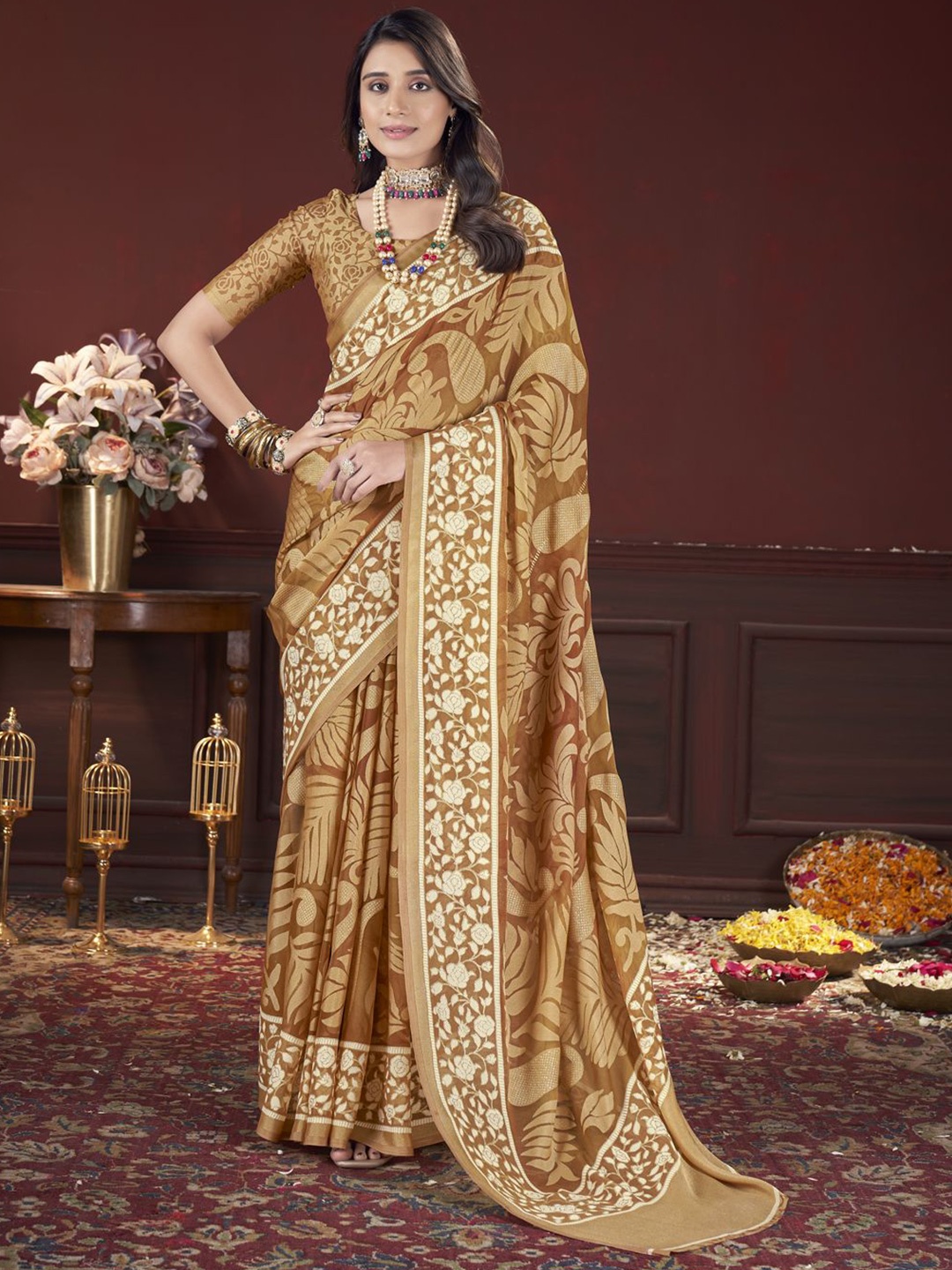 

all about you Floral Printed Zari Brasso Saree, Gold