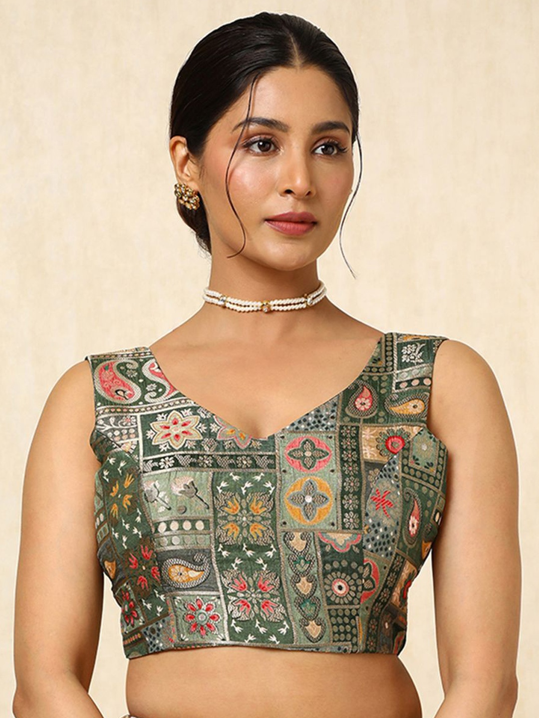 

Soch Woven Design V-Neck Saree Blouse, Olive