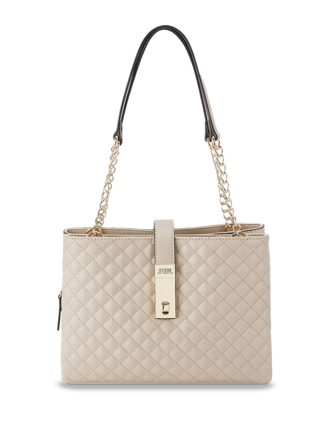 

GUESS Geometric Textured PU Structured Satchel with Quilted, Taupe