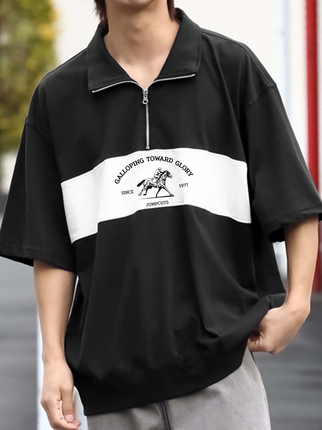 

JUMPCUTS Men Colourblocked Polo Collar Cotton T-shirt, Black