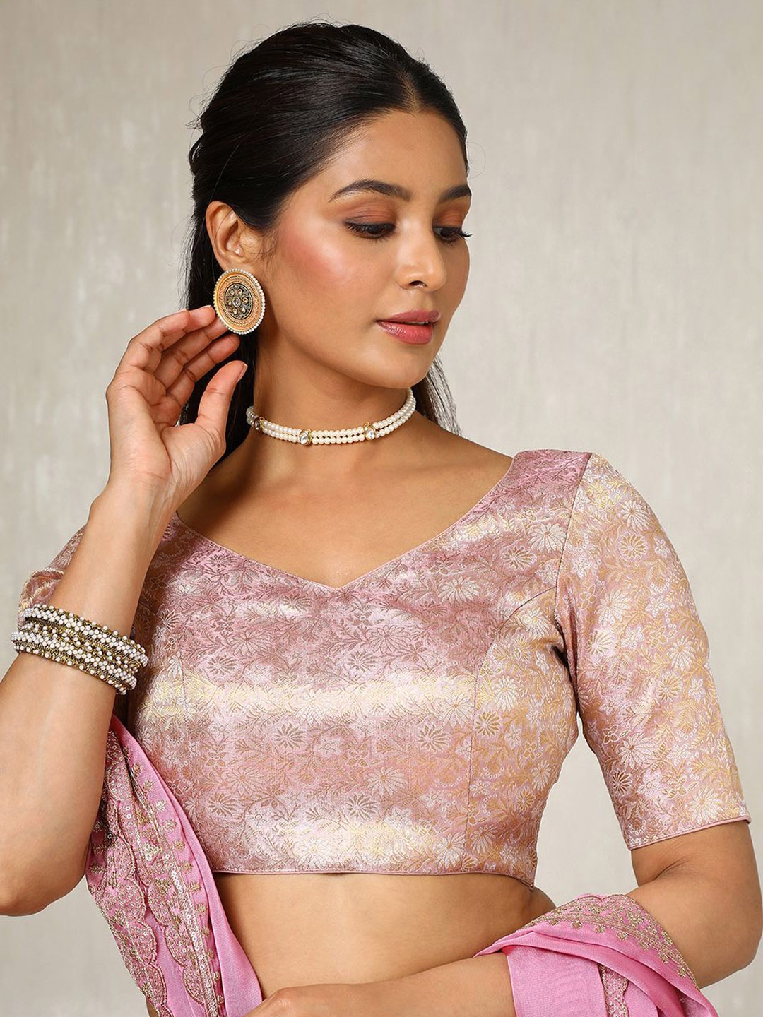 

Soch Woven Designed V Neck Zari Padded Hook and EyeSaree Blouse, Pink