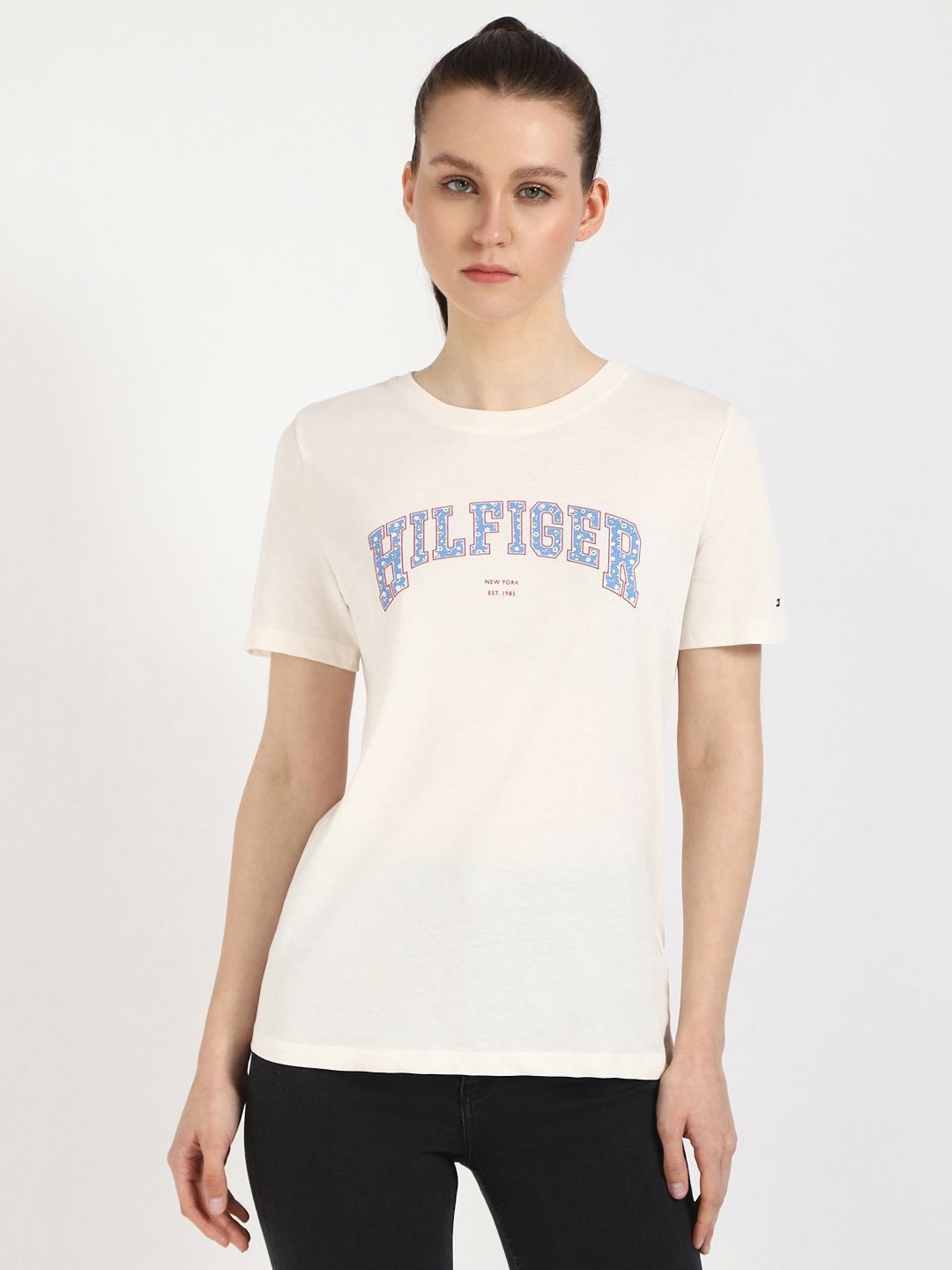 

Tommy Hilfiger Women Typography Printed Round Neck Cotton T-shirt, Beige
