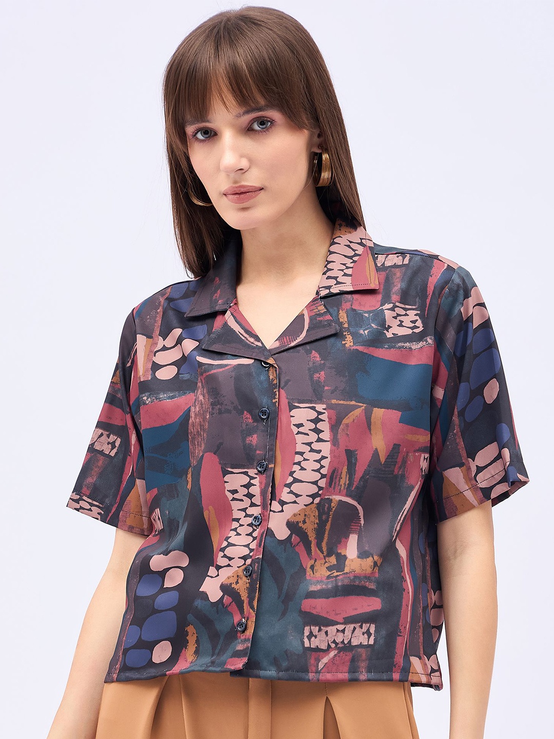 

DressBerry Women Printed Satin Shirt Style Crop Top, Brown