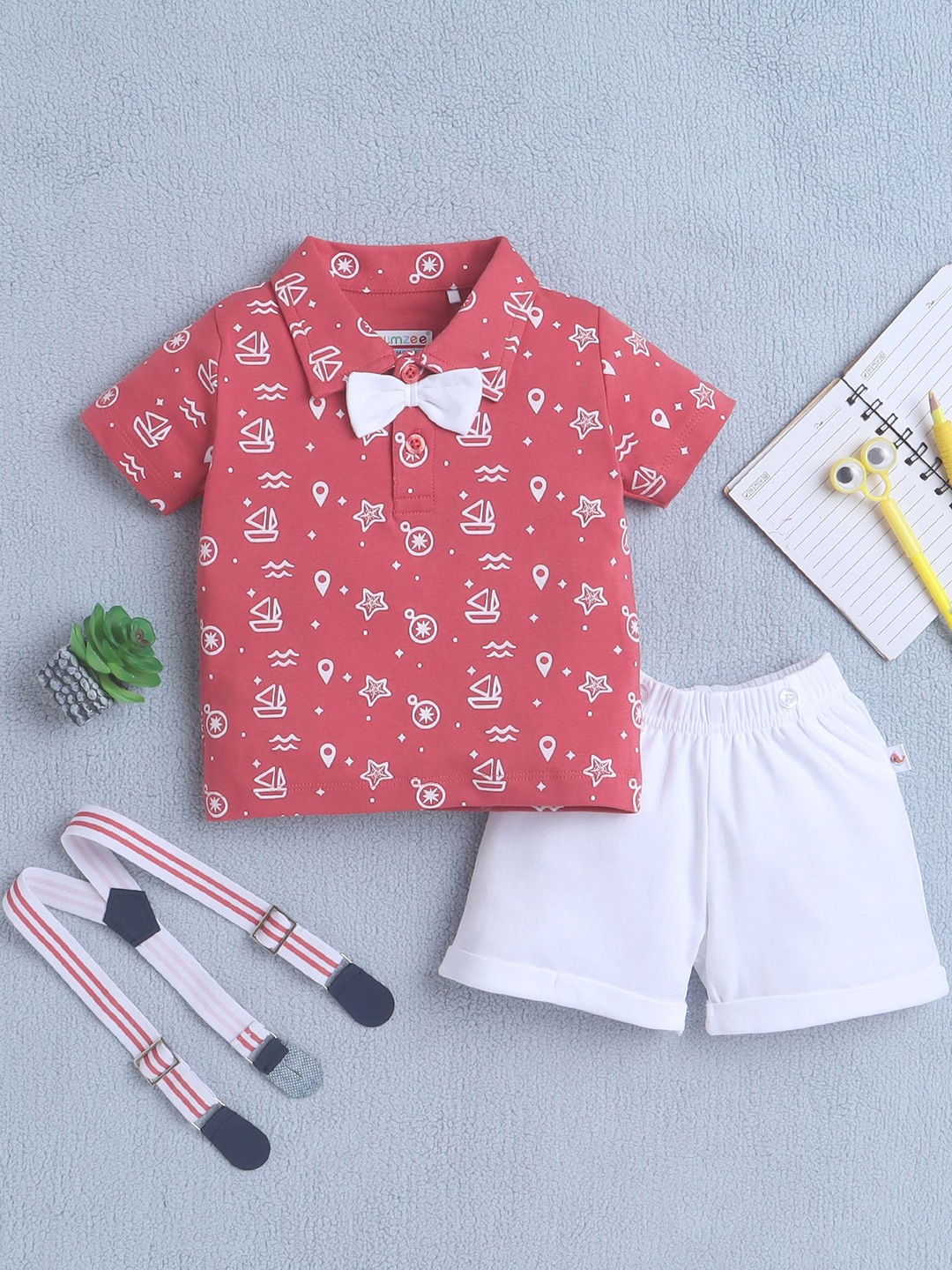 

BUMZEE Boys Printed Pure Cotton T-shirt With Shorts, Red