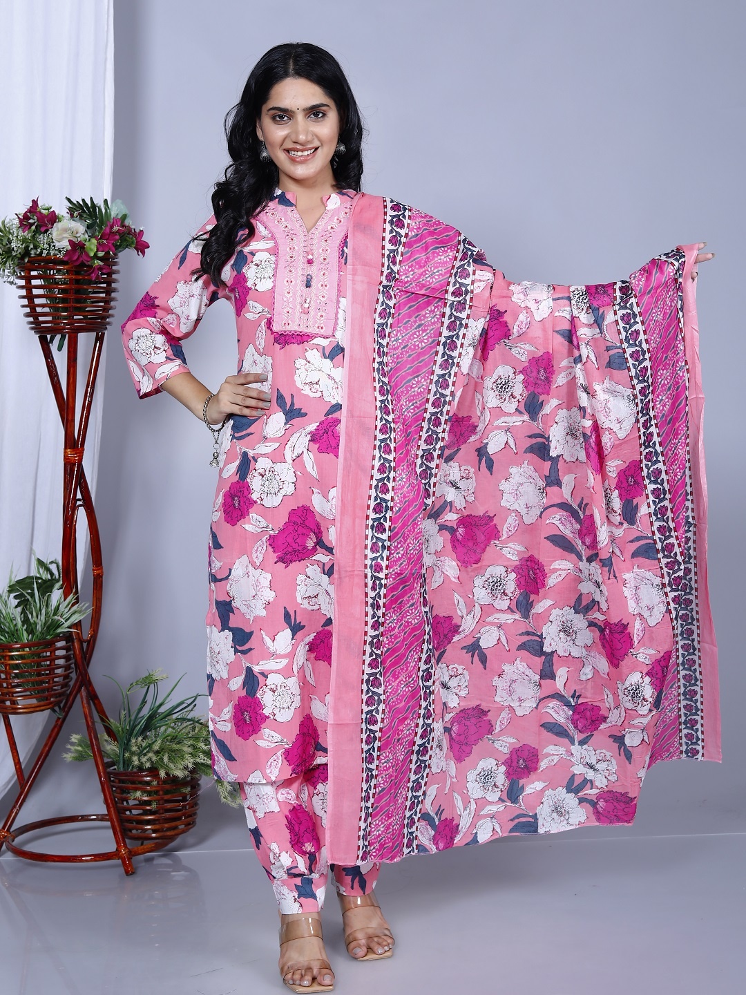 

KALINI Floral Printed Mandarin Collar Thread Work Pure Cotton Kurta & Salwar & Dupatta, Pink