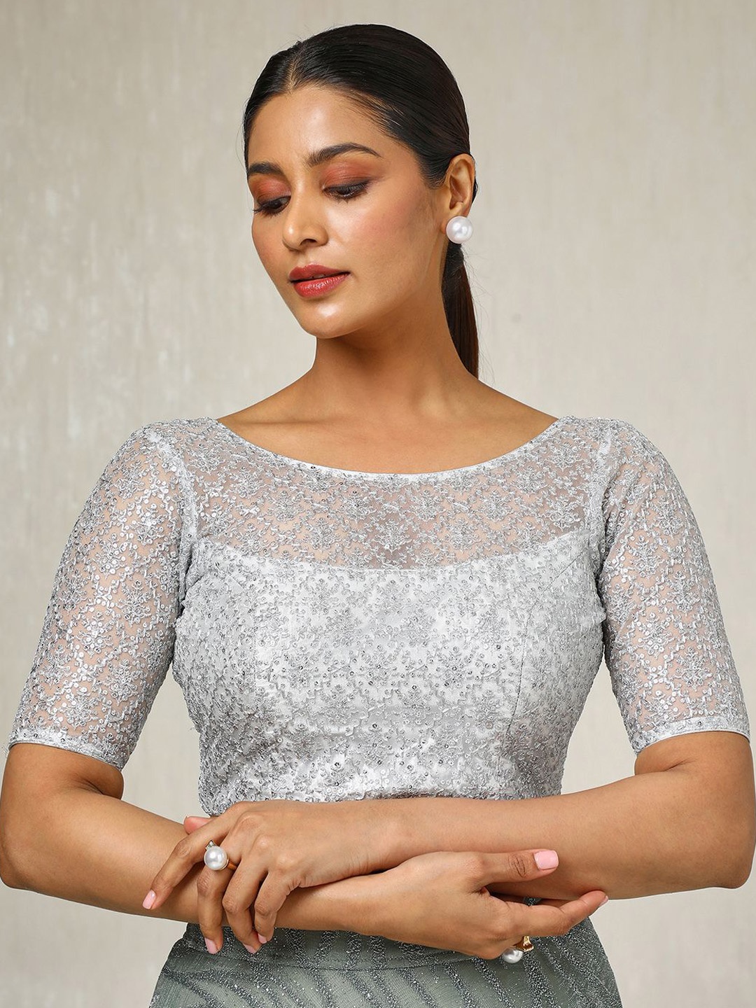 

Soch Women Embroidered Boat Neck Padded Saree Blouse With Sequins, Grey