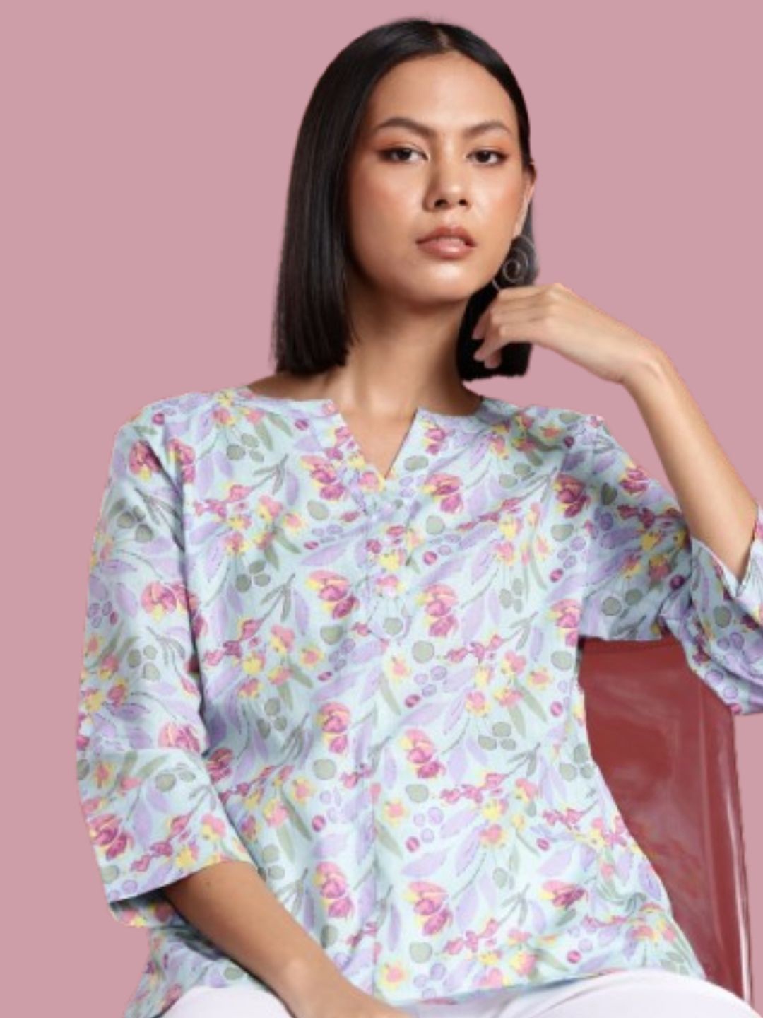 

DressBerry Floral Print Cotton Shirt Style Top, Turquoise blue