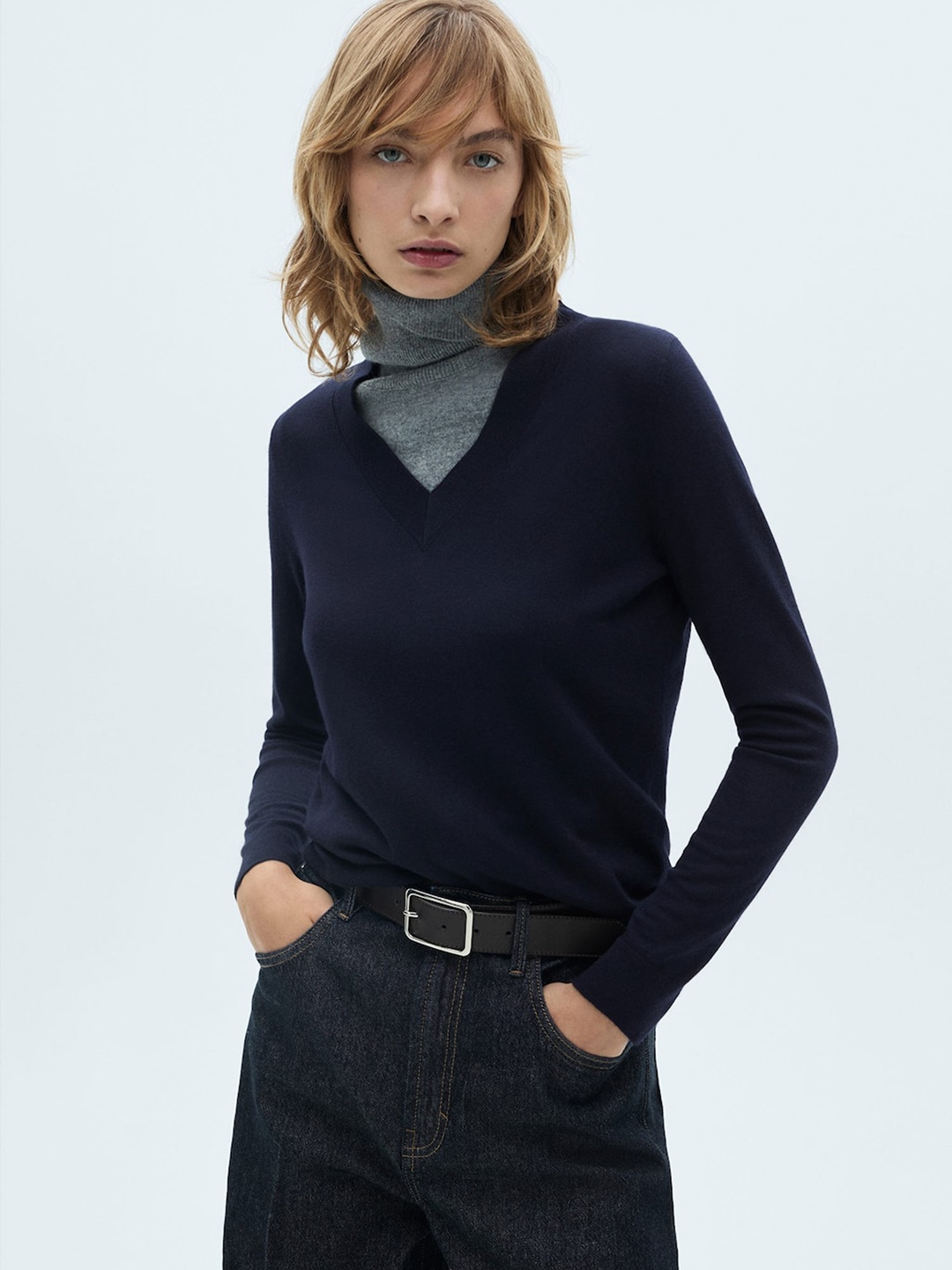 

MANGO V-Neck Long Sleeves Pullover, Navy blue