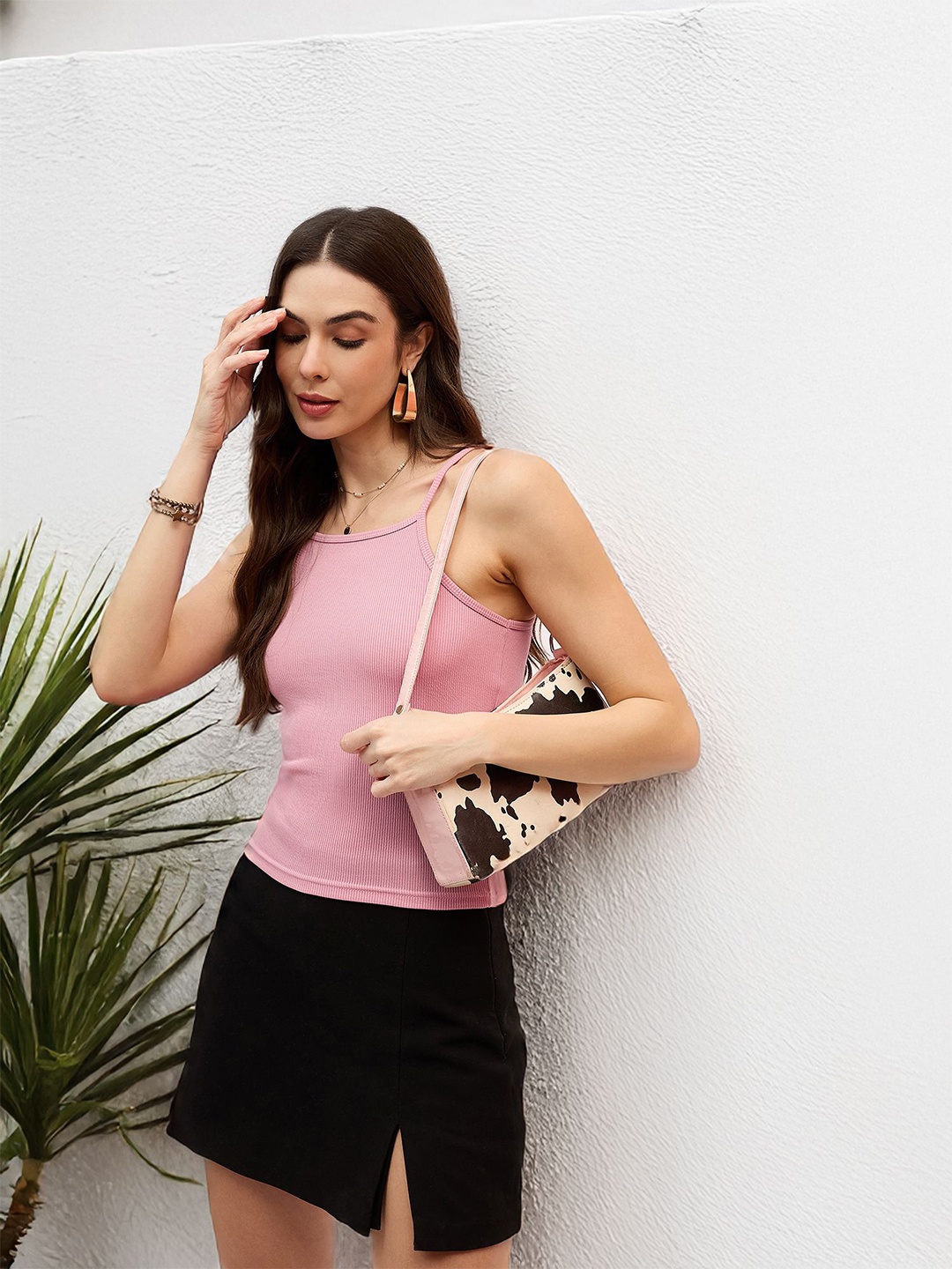 

DressBerry Solid Shoulder Strap Top, Pink