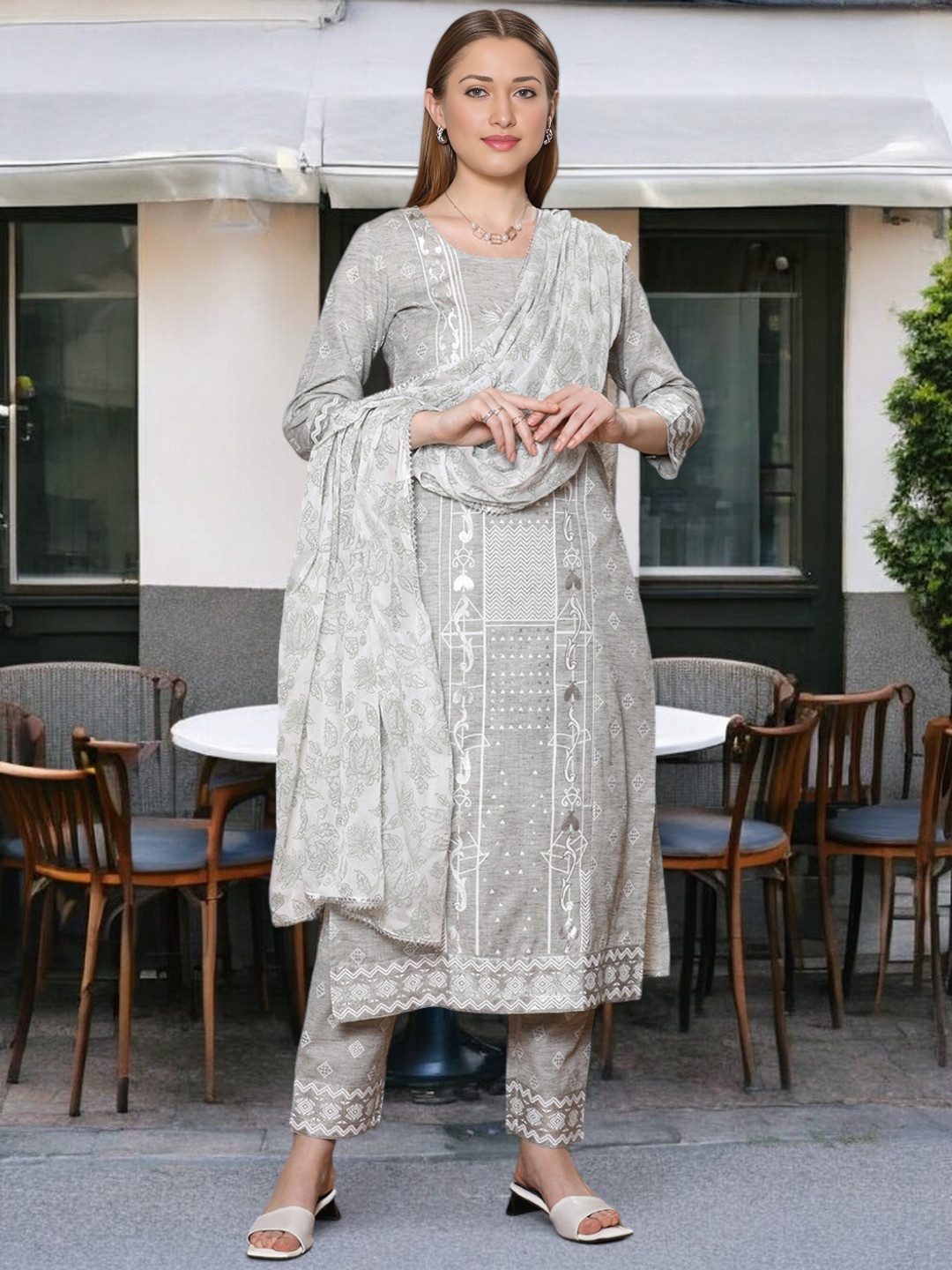 

True Shape Ethnic Motifs Printed Round Neck Cotton Straight Kurta With Trouser & Dupatta, Grey