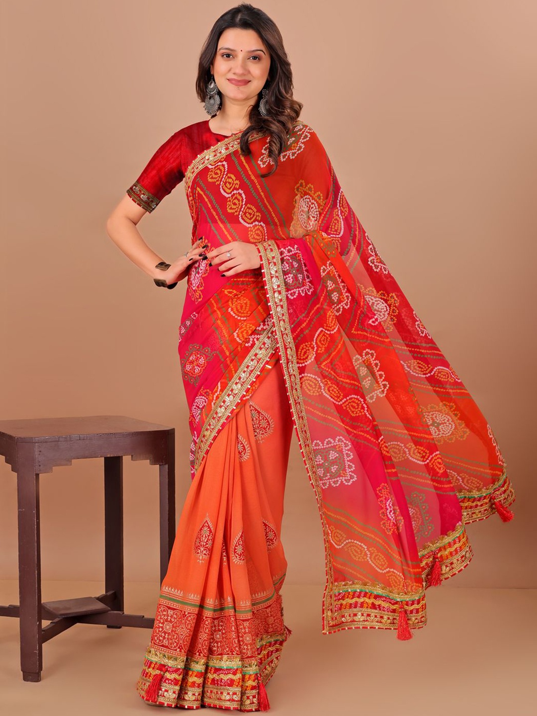

LeeliPeeri Designer Bandhani Printed Gotta Patti Saree, Orange