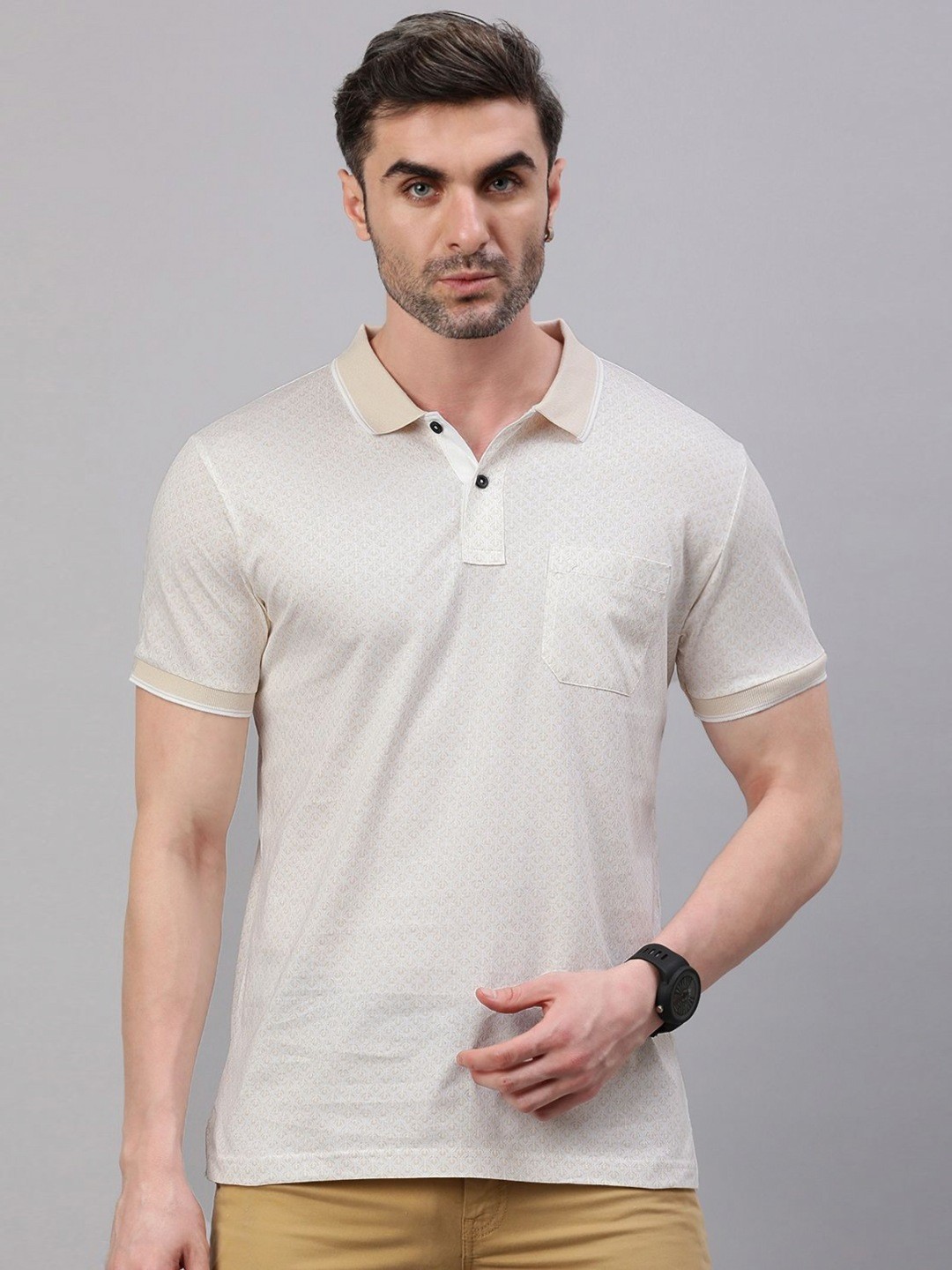 

Classic Polo Men Floral Printed Polo Collar Cotton Slim Fit T-shirt, Beige